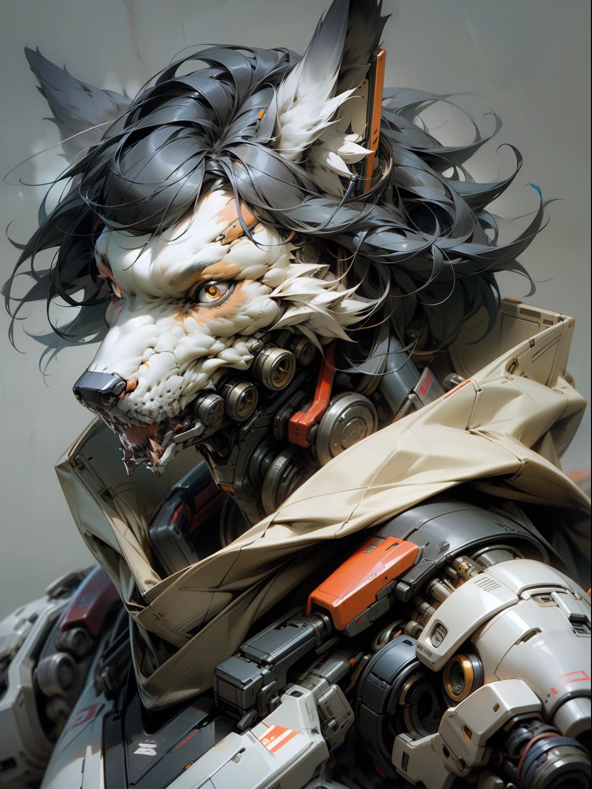 Wolf, wolf head,cybernetics, [(mechanical parts, technology, cyberpunk, robotics), master art, concept art, technical sketch.], (best, quality, digital art, details, technical),Toshiaki Takayama, mechanical engineer ,Twitter, wan person, solo ,Heng Z.