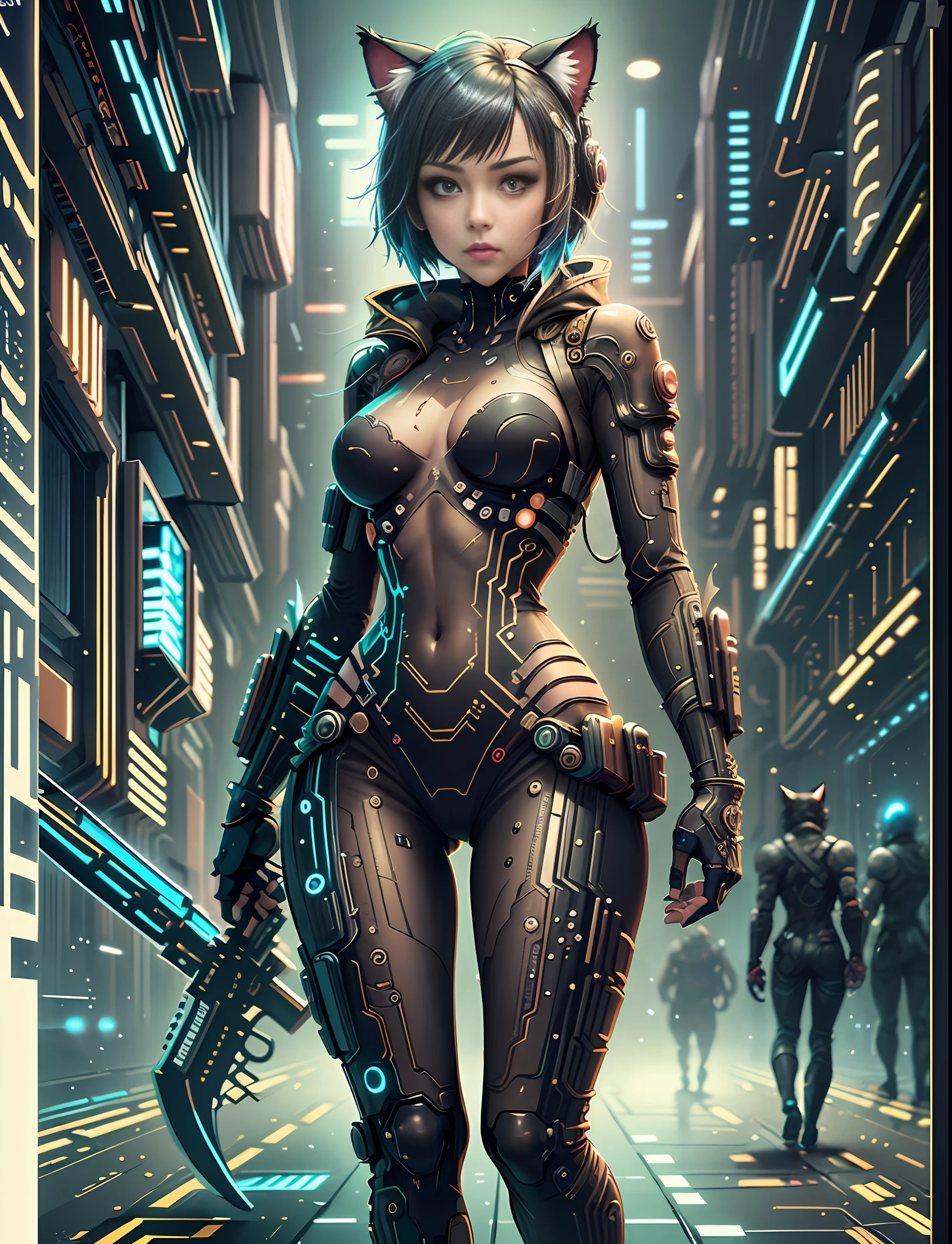 Japanese manga style character sheet of cyberpunk nekomata catgirl, front and back, full body, colorful cyberpunk bodysuit, white and black background, equipment, weapon, detailed, intricate, cinematic lighting