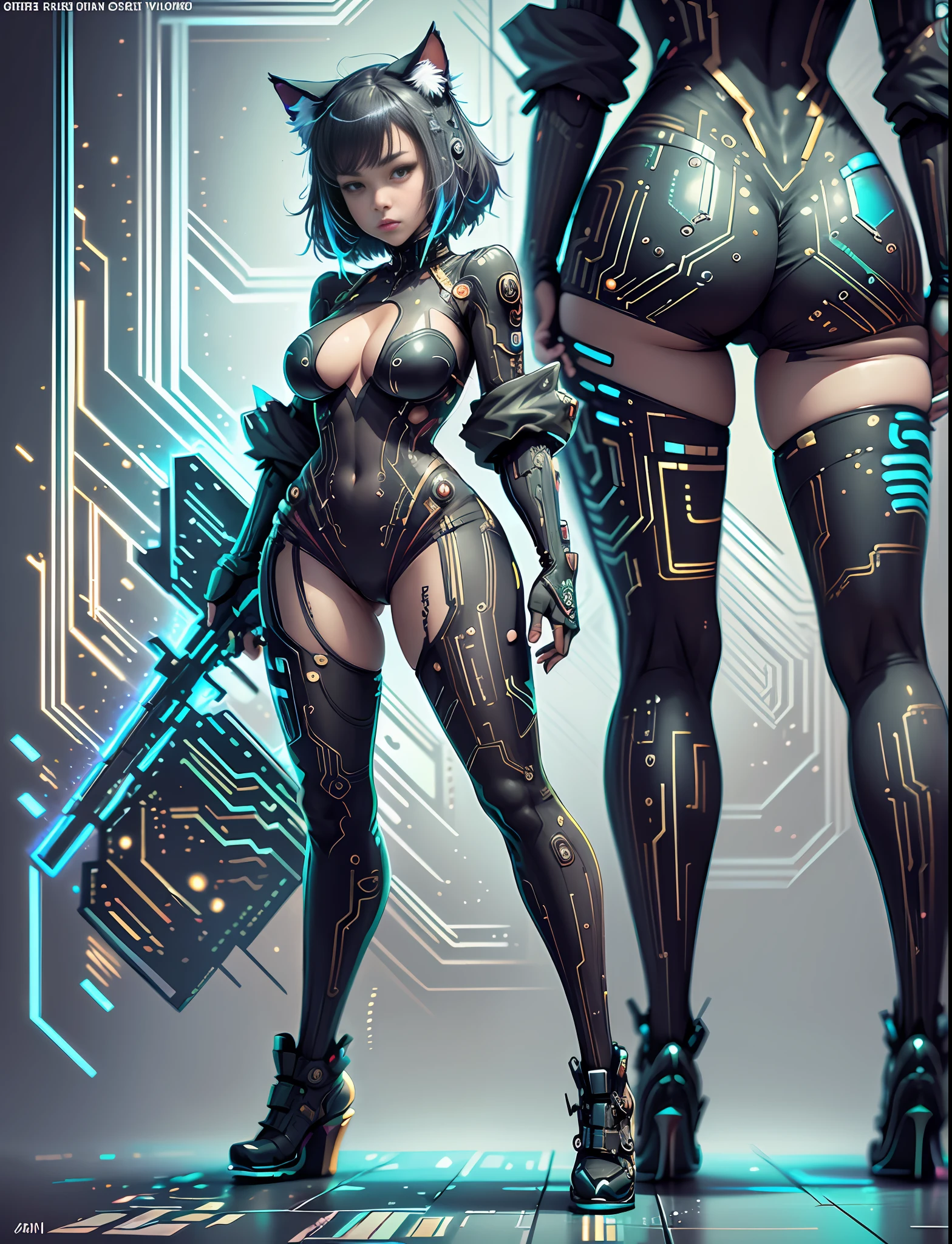 Japanese manga style character sheet of cyberpunk nekomata catgirl, front and back, full body, colorful cyberpunk bodysuit, white and black background, equipment, weapon, detailed, intricate, cinematic lighting