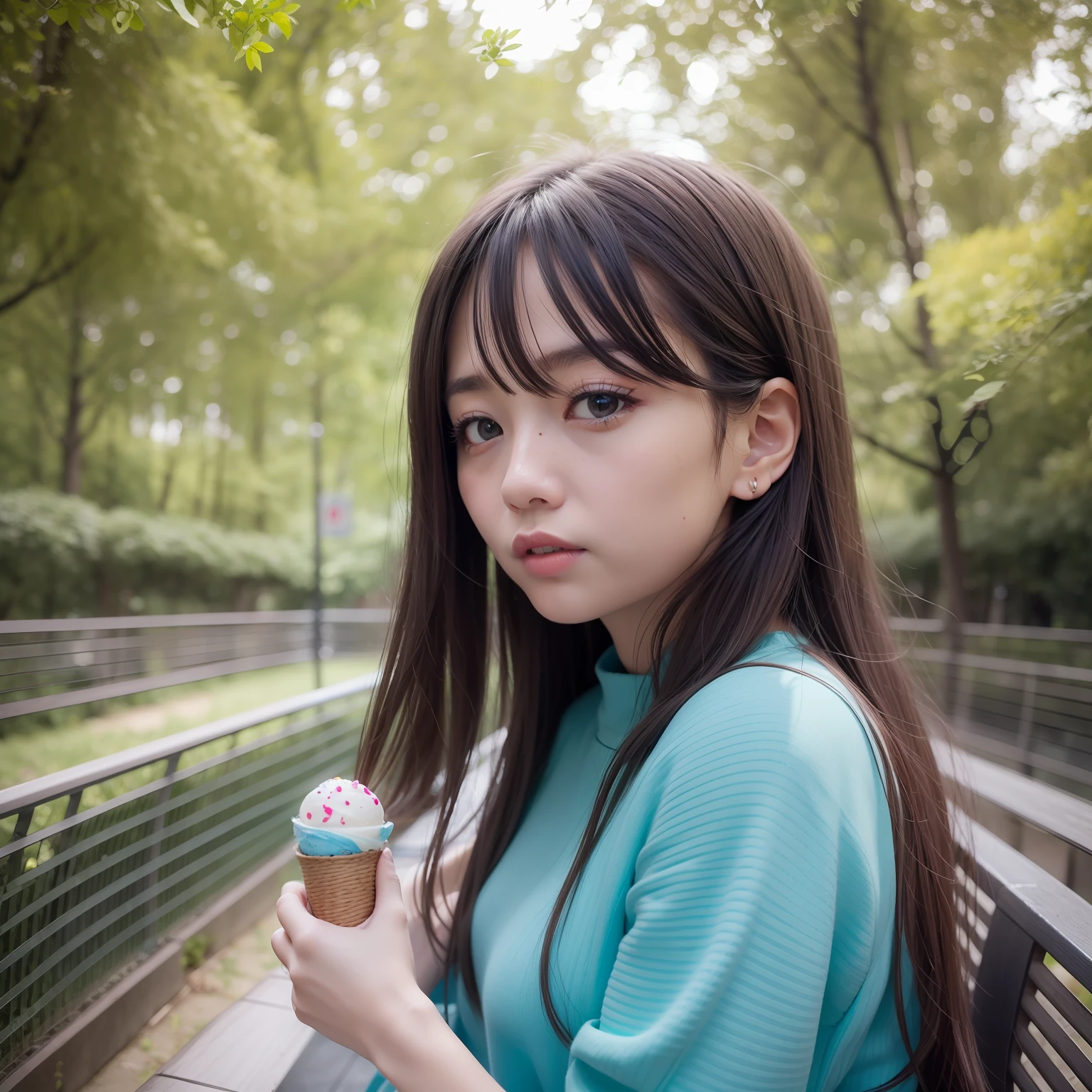 Super fine、2023s、Japanese people、Big eyes、Cute Woman、Ice cream、hair is long、Swaying in the wind、Light red blouse、A little sheer、blue skies、Urban parks、The tree々From the sun leaking through the trees、Sit on the bench、Quiet atmosphere、HD Detail、hyper detailed、movie、Surrealism、Soft Light、Deep field focus bokeh、ray traicing、Surrealism。
