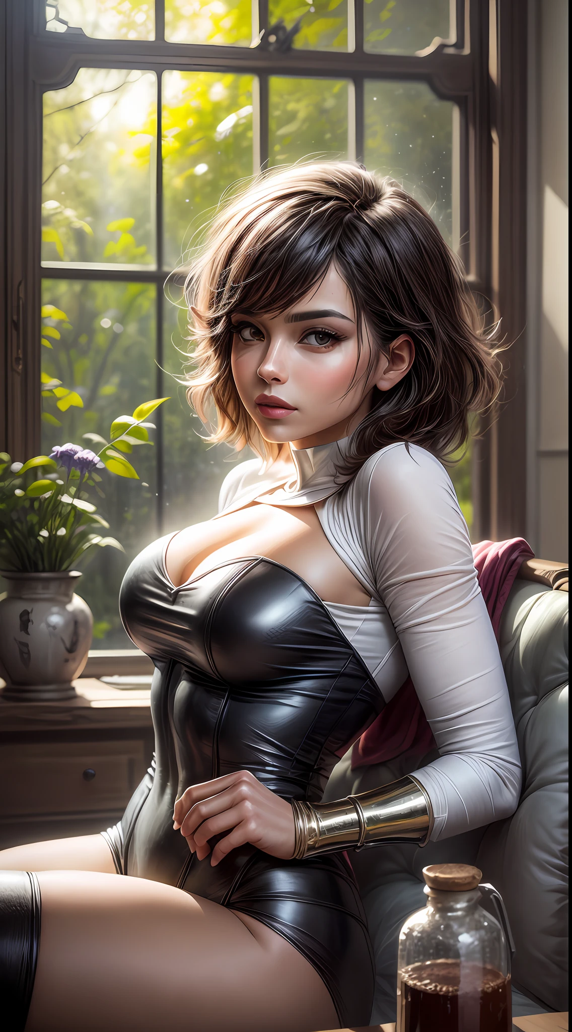 A dreamy painting portraying Powergirl drinking coffee in a cozy living room surrounded by lush greenery. Sunlight filters through large windows, proyectando un suave resplandor en su rostro, illuminating the room with a tranquil ambiance. Las pinceladas son sueltas y expresivas, Capturar la calidez y la intimidad del momento, painted with acrylics on canvas using a palette knife for texture and vibrant colors,