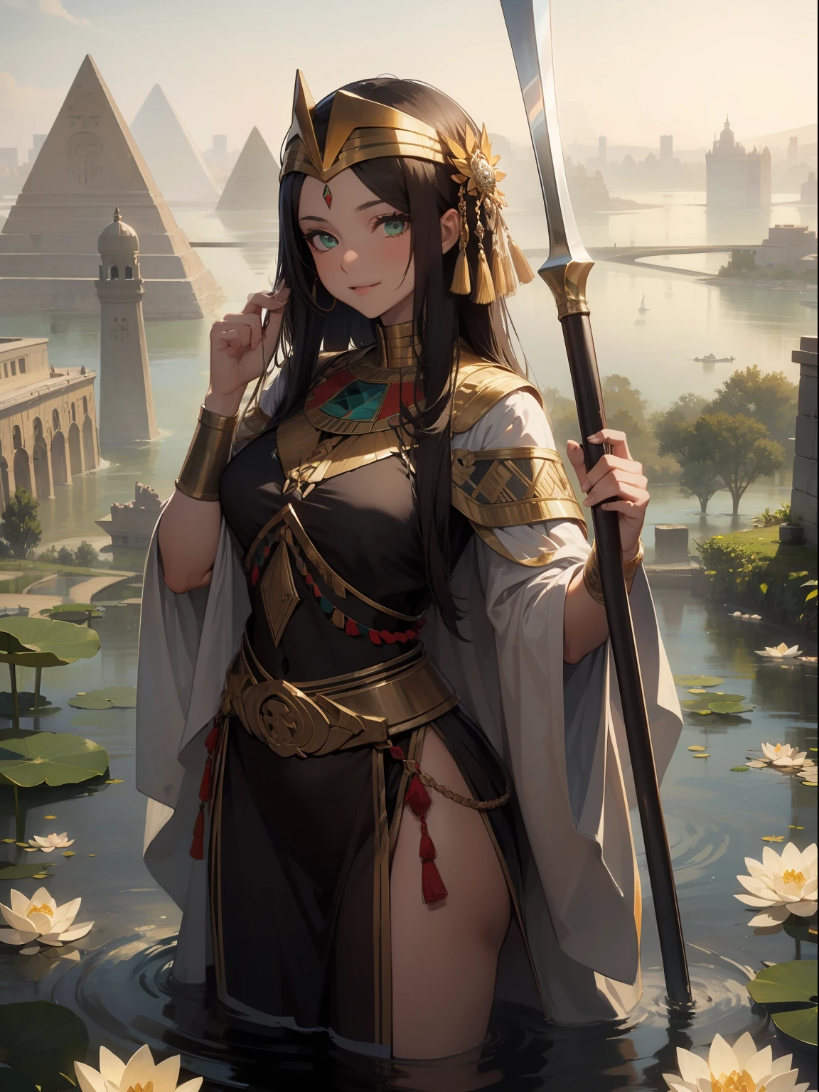 ((Best quality)) (masterpiece), Bronze Age Ancient Egypt badass well dressed Night priestess of annubis holds up a scythe weapon covered in milk wide spread legs, in the background a Wonder view and town's folk rejoicing nile river flooded and pyramid of giza with limsstone capstone amazing Green desert flora, lotus flower on flooded nile river, milk rain, hyper detailed half body, perfect face, evil smile, superdetailing small items of clothing, clothes bronze age, clear eyes, symmetrical, 8k, digital painting, high quality