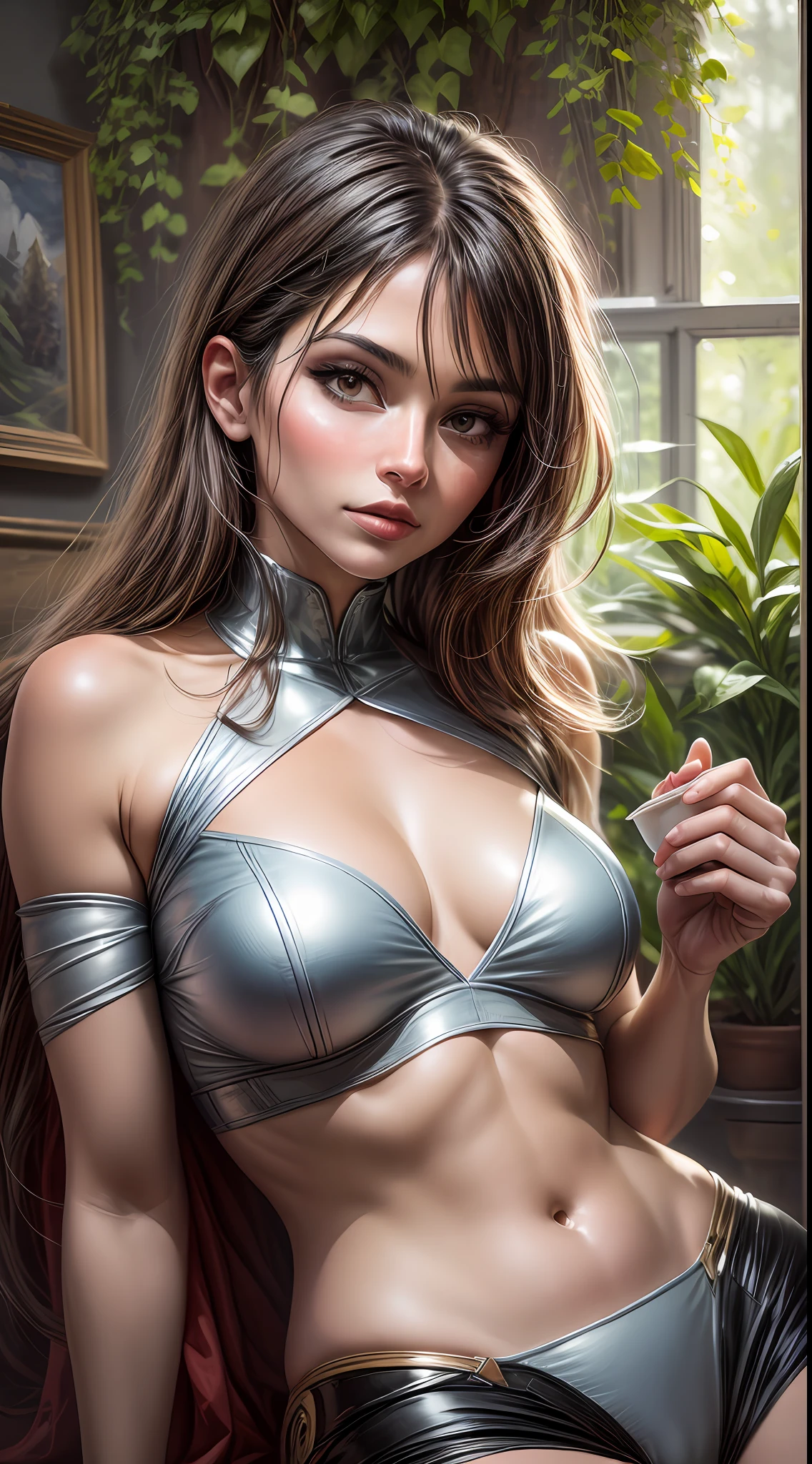 A dreamy painting portraying Powergirl drinking coffee in a cozy living room surrounded by lush greenery. Sunlight filters through large windows, proyectando un suave resplandor en su rostro, illuminating the room with a tranquil ambiance. Las pinceladas son sueltas y expresivas, Capturar la calidez y la intimidad del momento, painted with acrylics on canvas using a palette knife for texture and vibrant colors,