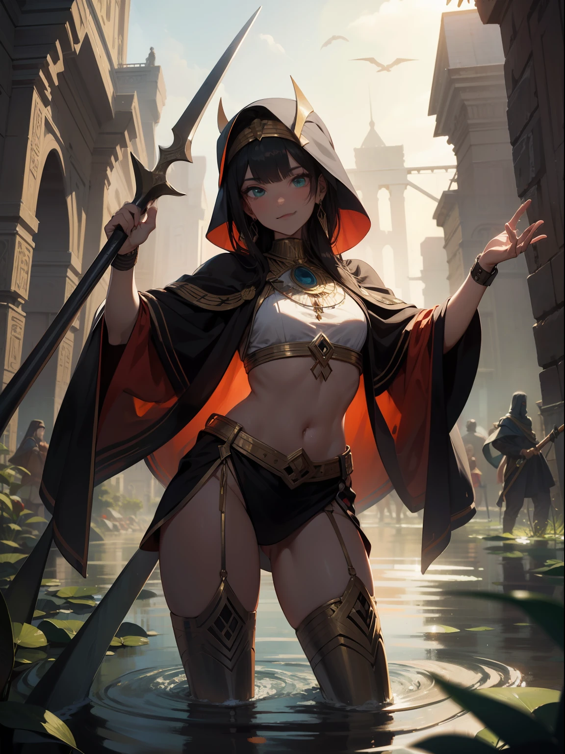 ((Best quality)) (masterpiece), Bronze Age Ancient Egypt badass well dressed Night priestess of annubis holds up a scythe weapon covered in milk wide spread legs, in the background a Wonder view and town's folk rejoicing nile river flooded and pyramid of giza with limsstone capstone amazing Green desert flora, lotus flower on flooded nile river, milk rain, hyper detailed half body, perfect face, evil smile, superdetailing small items of clothing, clothes bronze age, clear eyes, symmetrical, 8k, digital painting, high quality