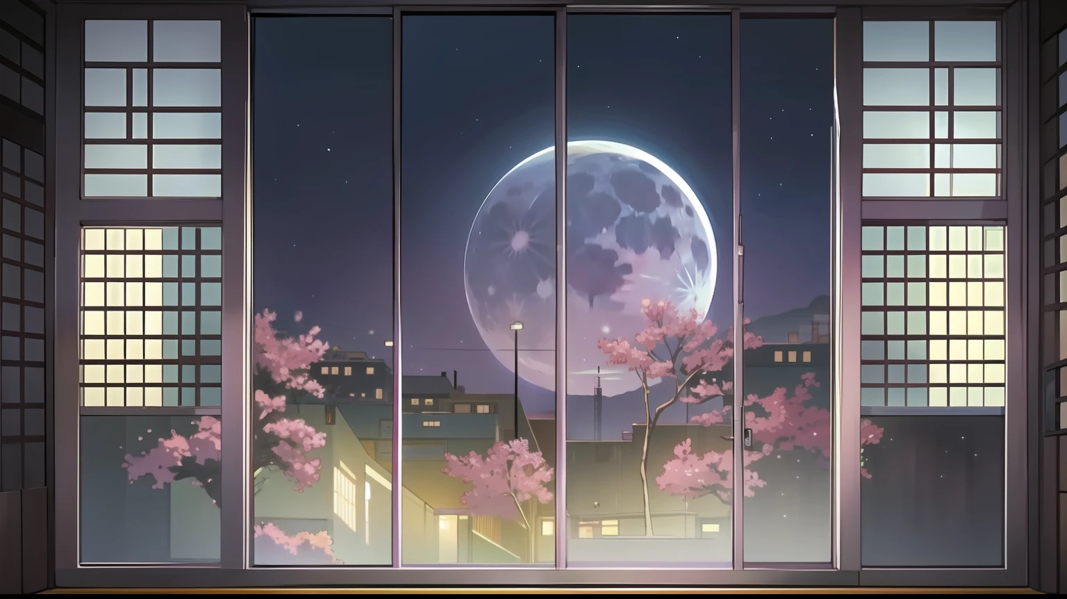 room, a landscape anime, nigth, stars, moon, beautifull, citypop, jpop, anime 90s style