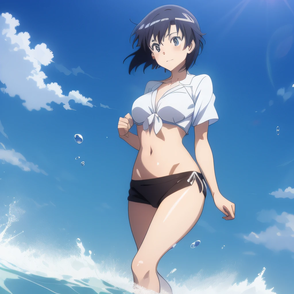 alta qualidade, Ultra Detalhado, Estilo anime, pes bem definidos, copiar a pose, Menina anime em uma saia e uma camisa branca, molhada, sem roupa interior na praia, kantai collection style, Anime girl walking on water, Estilo Makoto Shinkai, Makoto Shinkai Estilo de Arte, em estilo de makoto shinkai, Estilo Makoto Shinkai, Makoto Shinkai. High detail, Makoto Shinkai e Artgerm, anime full body illustration, cabelo realista molhado, detailed hands, cara ultra detalhada, pele ultra detalhada, Sharp, ultra-detailed eyes
