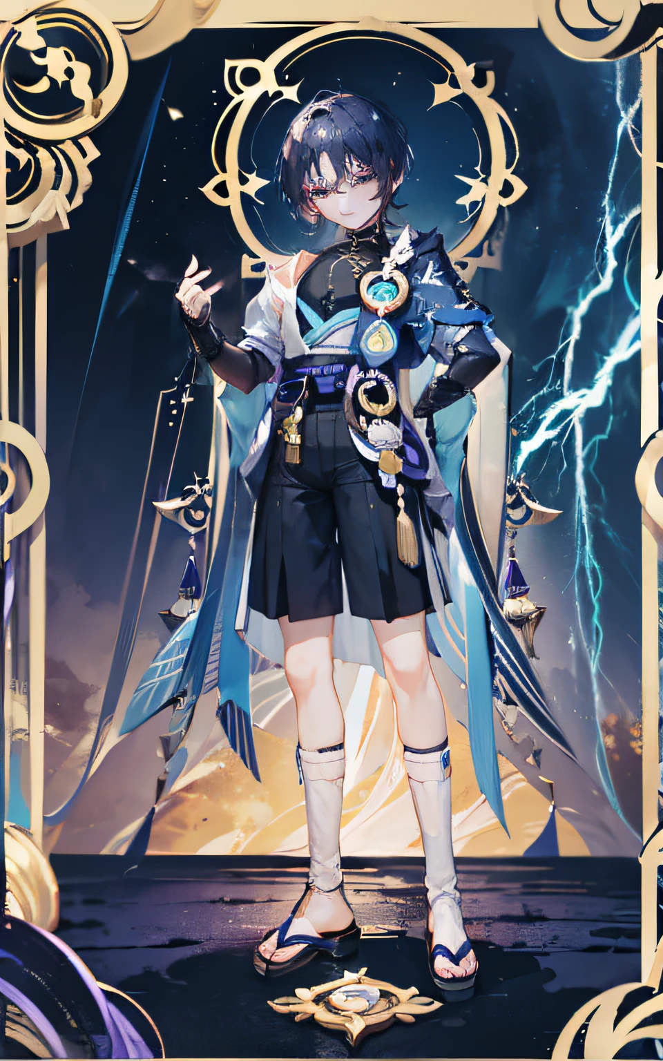 Wanderer , tarot card, Lightning background, arms crossed, standing up, Full-length, Genshin Impact, um homem, 独奏, blue hair, eyes closed, calm face, Good quality, Best Quality, gold background, purplebackground, character in the middle, legs standing together,, 1boy,