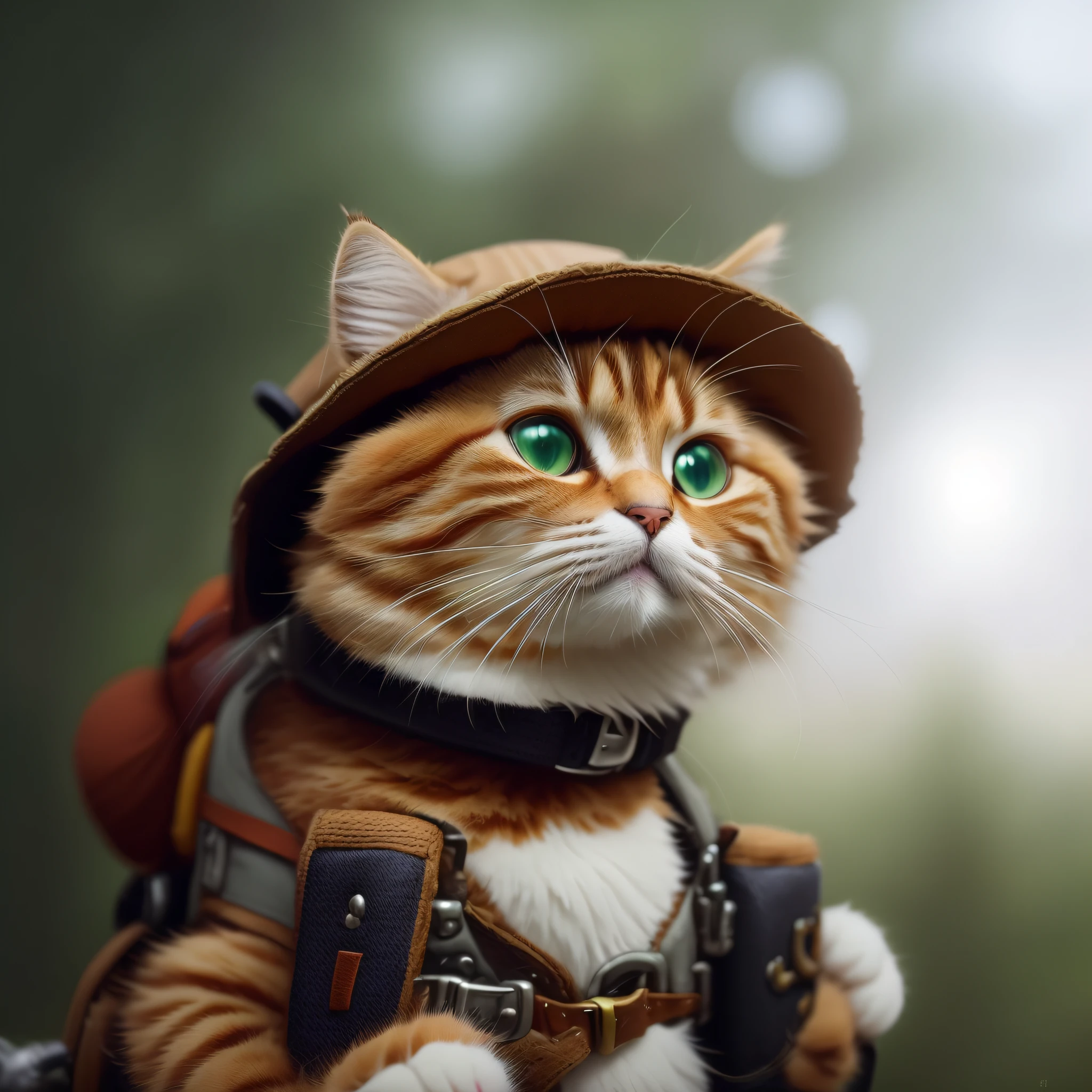 there is a cat wearing a hat and backpack on a tree, cat with a hat, awesome cat, portrait of an adventurer, adventurer, adventure hyper realistic render, animal wearing a hat, teemo, teemo from league of legends, cat in the forest, smol fluffy cat wearing smol hat, dressed as a scavenger, adorable digital painting, astronaut cat, steampunk cat