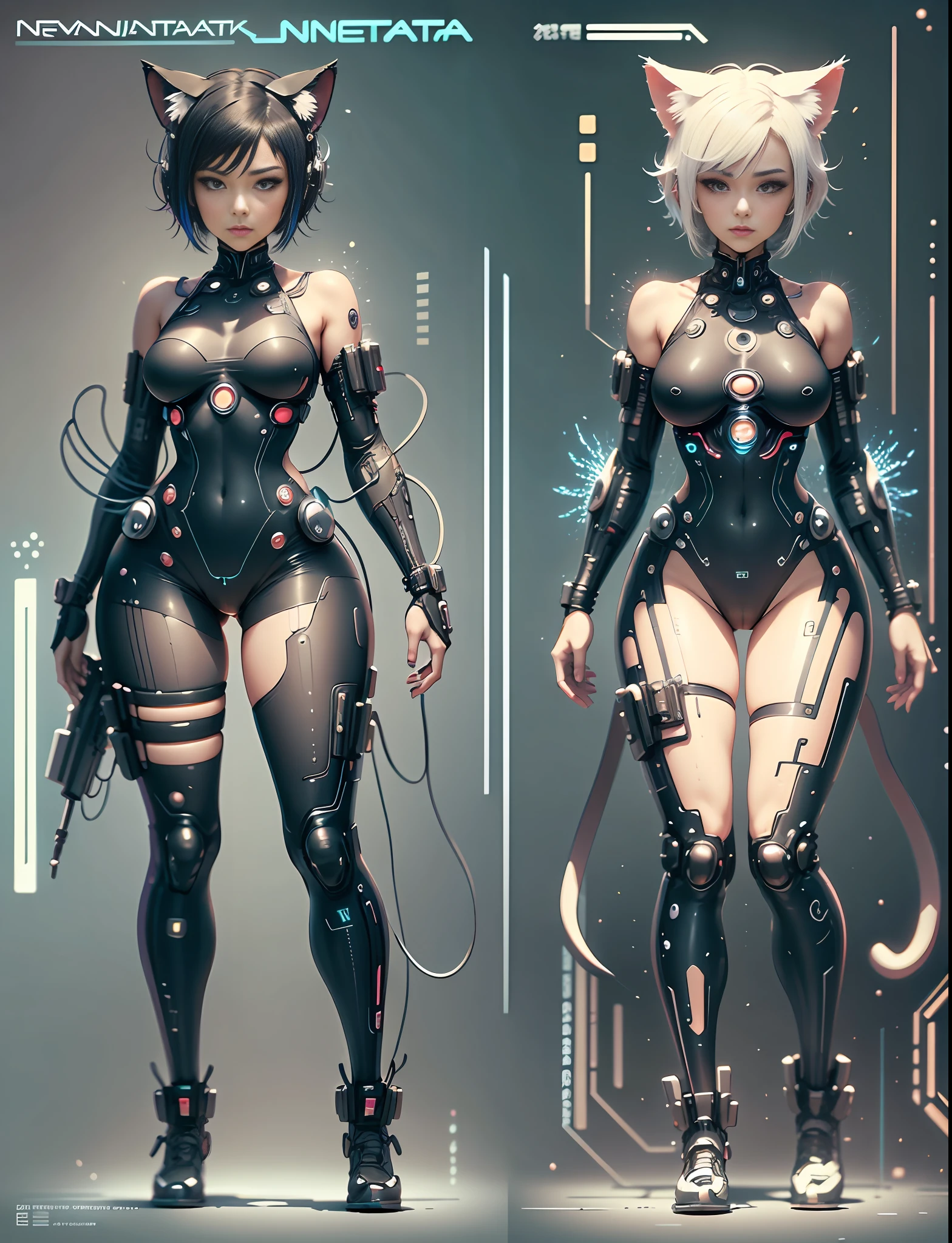 Japanese manga style character sheet of cyberpunk nekomata catgirl, front and back, full body, colorful cyberpunk bodysuit, white and black background, equipment, weapon, detailed, intricate, cinematic lighting