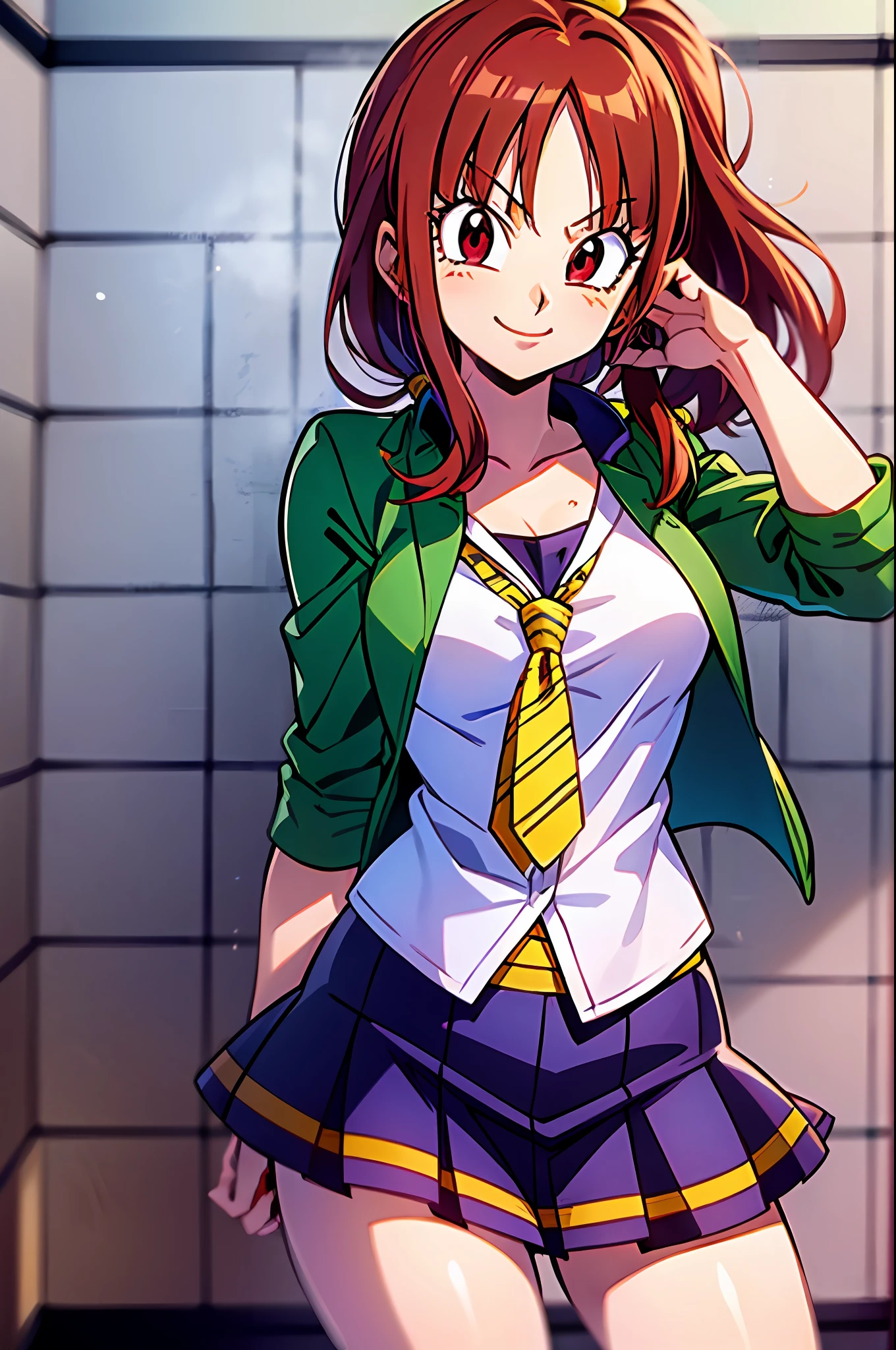 light smile, schoolgirl attire, white blouse with yellow jacket, green striped tie, red plaid skirt, red eyes and red hair in a twin ponytail, (style of dragon ball z and fairy tail anime), (illustrated by Akira Toriyama and Hiro Mashima), (style mixing), Lucy Heartfilia, Android18