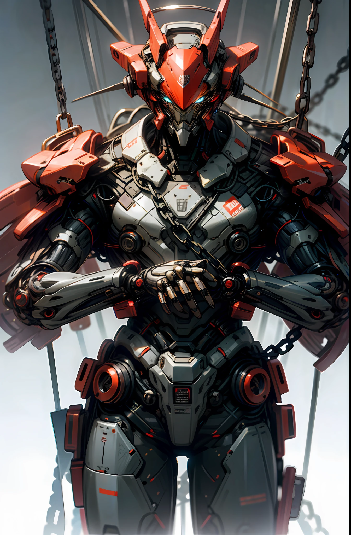 Dark_Fantasy,Cyberpunk,(chain saw,chain saw man,Red:1.1),1man,Mechanical marvel,Robotic presence,Cybernetic guardian,