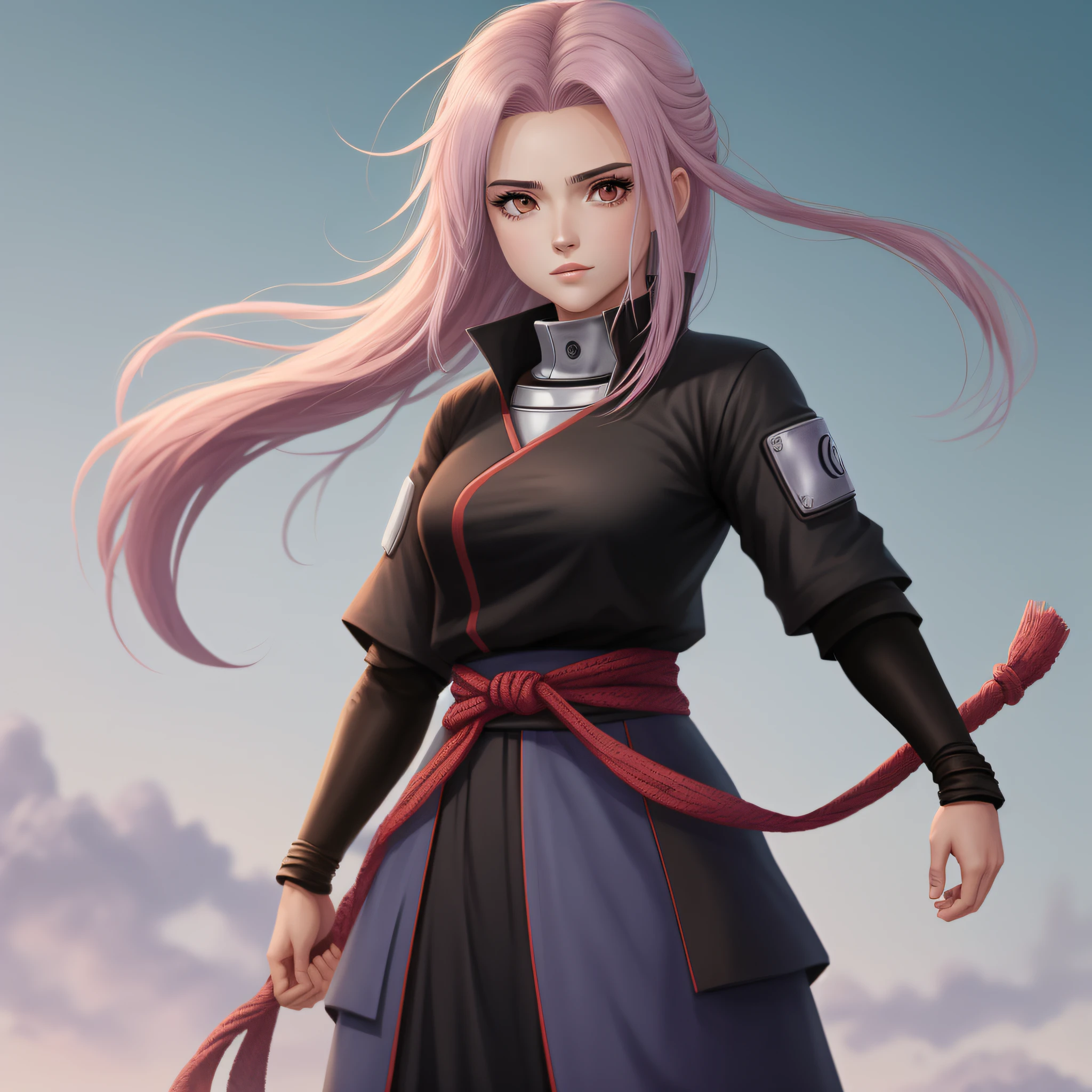 uma linda garota com longos cabelos rosa solo, roupas de shinobi em tom preto e roxo, anime naruto, (obra-prima), (melhor qualidade:1.0), (ultra highres:1.0), fundo branco