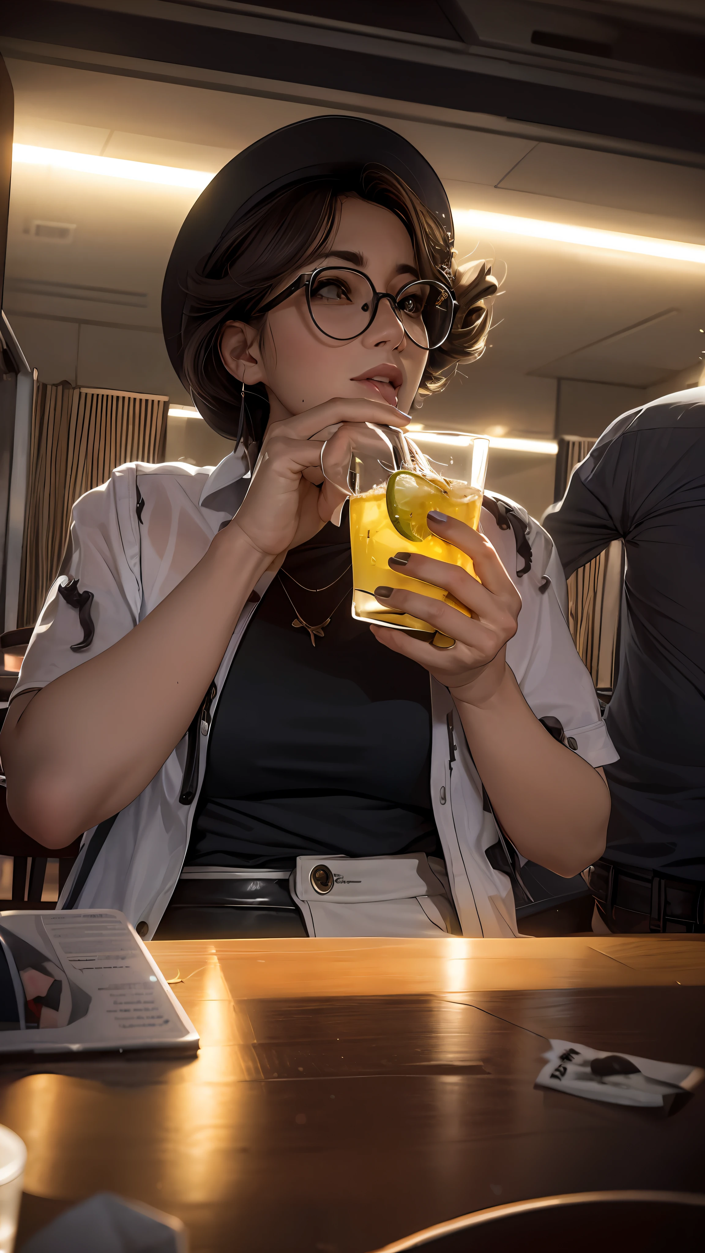 there is a woman sitting at a table drinking a drink, com uma bebida, segurando uma bebida, coquetel de bebida, candid picture, foto de baixa qualidade, candid photo, imagem de perfil, 🍸🍋, com um canudo, taken in the early 2020s, beber, imagem de qualidade muito baixa, foto do perfil, foto de perfil, non blurry, Cabelo Roxo Curto
