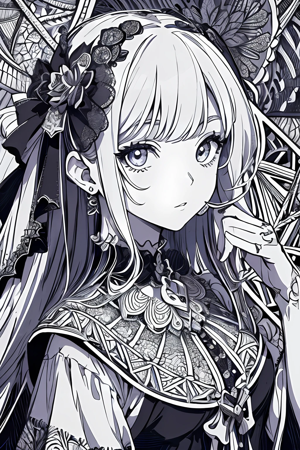 (Ultra detailed backgrounds、Detailed background)、absurdress、Hi-Res、Ultra Verbose、extremely detaild、1girls、(Gothic pattern:1.3)、(Zentangle:1.2)、(Geometry:1.2)、(colorfully)、