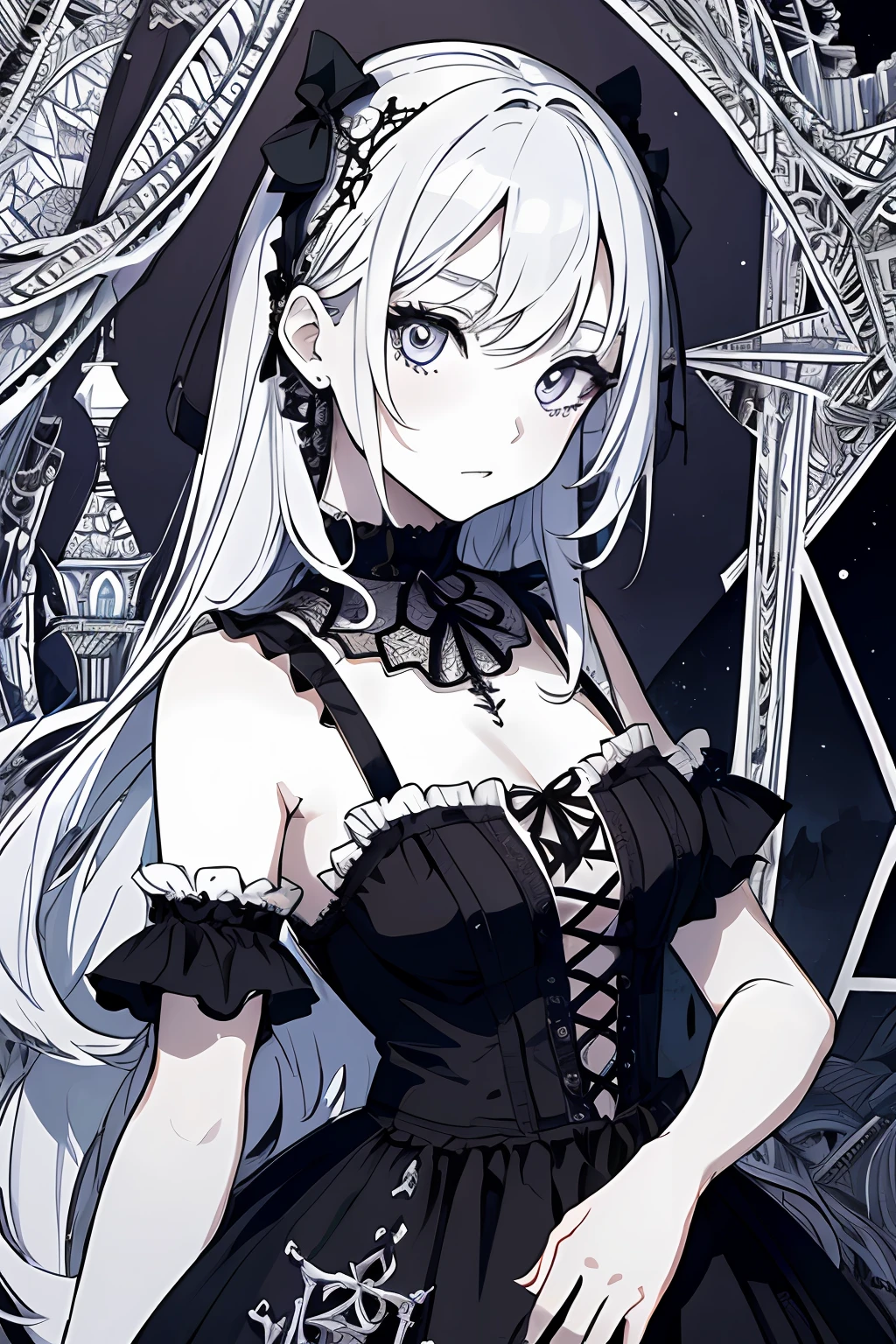 (Ultra detailed backgrounds、Detailed background)、absurdress、Hi-Res、Ultra Verbose、extremely detaild、1girls、(Gothic pattern:1.3)、(Zentangle:1.2)、(Geometry:1.2)、(colorfully)、