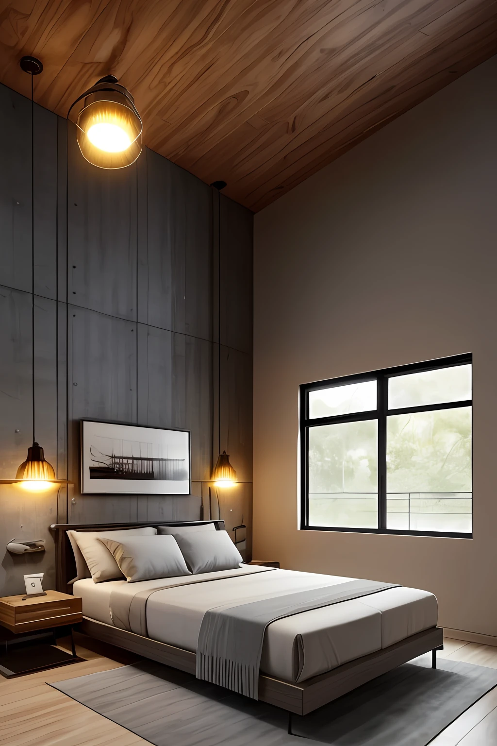 Imagem de um Quarto de Casal em estilo Industrial. This room features industrial-inspired décor, with exposed concrete walls and metal and wood furniture. The bed is large and comfortable, com cabeceira de couro preto. The lighting is punctual, with metal lamps and lamps hanging from the ceiling. A janela fica na lateral da cama e abaixo da janela existe uma grande mesa com uma cadeira giratoria. The decoration is completed with textures and pictures on the wall --auto
