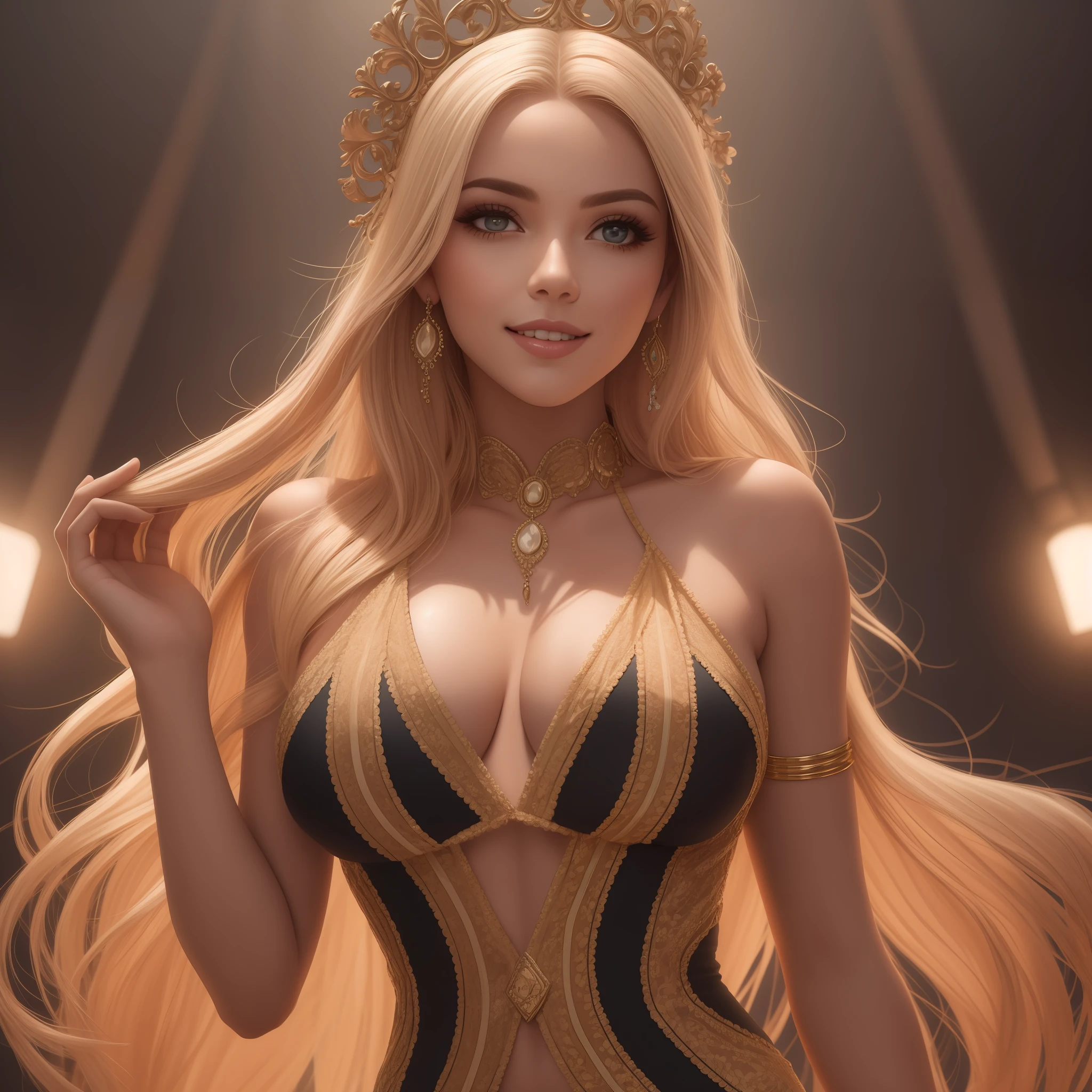 Foto de corpo inteiro, mulher branca, escandinava, olhos cinzas, pele detalhada com sardas, cabelo loiro ondulado perfeito, perfect strawberry lips, corpo proporcional perfeito, olhar penetrante no expectador, sorriso modelo, vestido de cetim rosa, brincos dourados, colar dourado, pose de modelo, modelshoot, fundo de teatro, luz de lustre, Photographic front lighting, HD, 8k, fotorrealista,