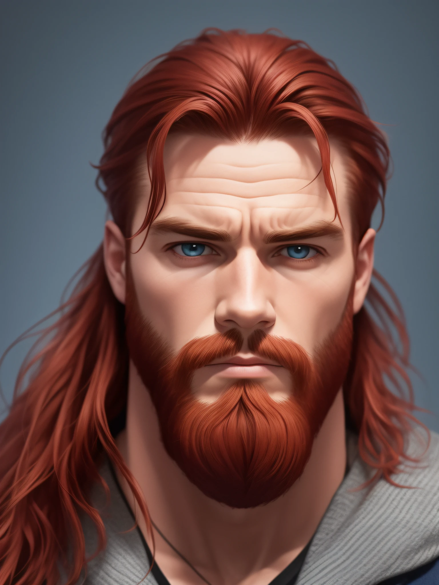 The man described is a 35-year-old male, com um rosto quadrado, with a hard expression. Ele tem olhos azuis, Her hair is long, volumosos e ruivos avermelhados, which indicates that they have a considerable length and volume and a shade of reddish redhead, His reddish red beard is large and bulky, which indicates that they have a considerable size and volume and a shade of reddish redhead, The background of the image is very dark blue, realista