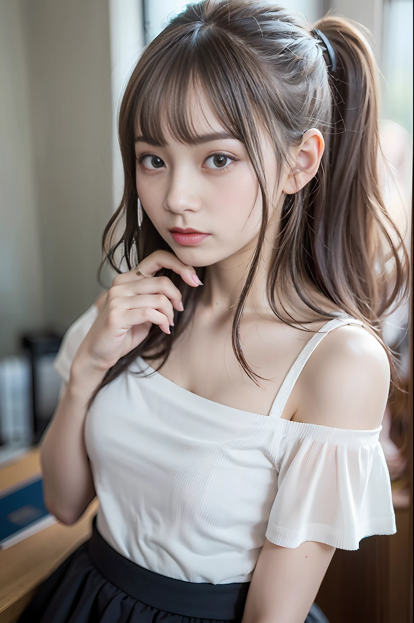 beste Quality、ultra-highres、(photorealestic:1.4)、small tits、The girls1people、Off-shoulder white shirt、Black tight skirt、(faded ash gray hair:1)、(tiny breast:1.2)、lookind at viewer、close up front、