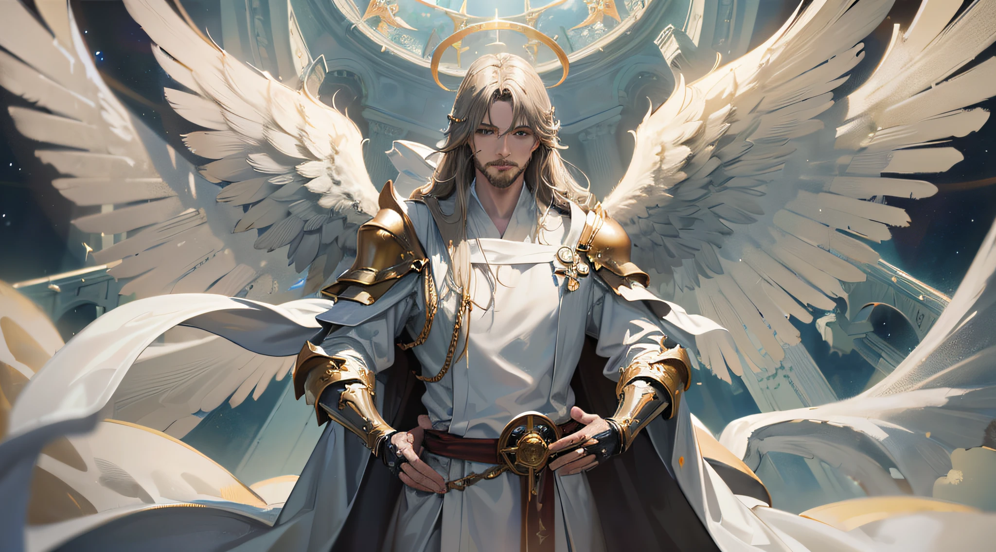 (Man in robes of glory descending amid the clouds, jesus christ, creator of the universe), (angels, armor, wings), artistic, superior lighting, hyper-detailed, hyper-realistic, 16K, masterpiece --auto --s2