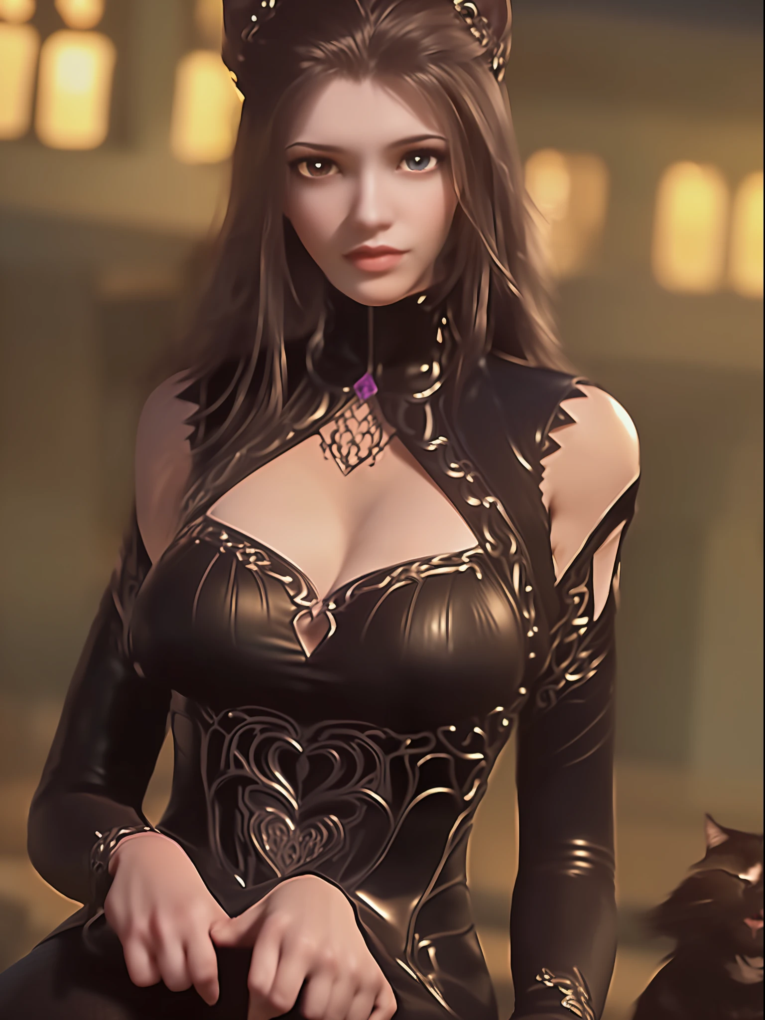 1girl, solo, blunt_bangs, long_hair, bangs, (looking at viewer:1.3),(detail face:1.2),realistic,
blurry, depth_of_field, 1girl, breasts, motion_blur, lips, (ruins:1.5),black cat,night,clock tower,(cleavage:1.5),sitting,(upper body:1.3),
(large breasts:1.2),