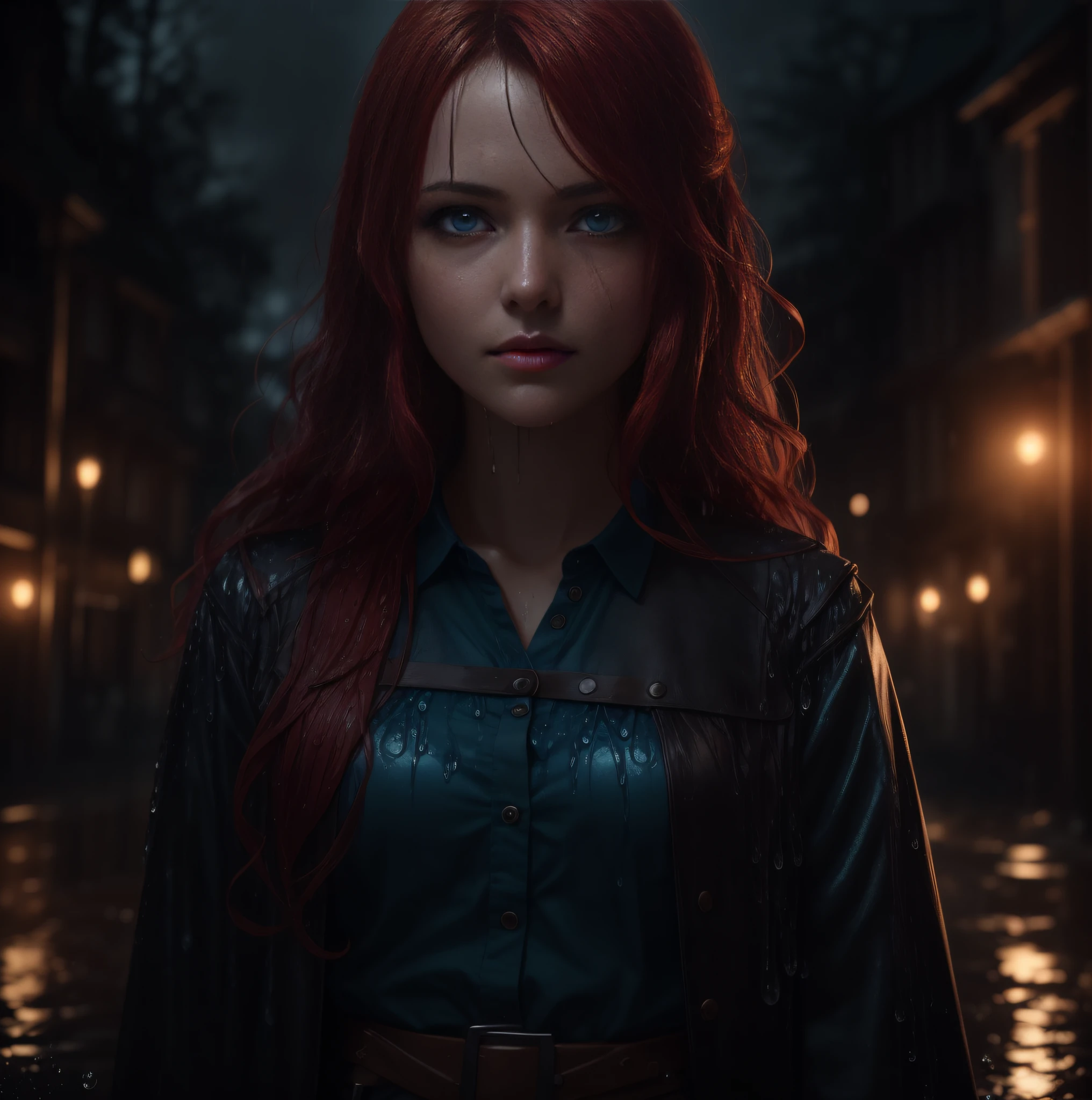 portrait photography, beautiful young woman long red hair with transparent medieval dress, soaked, visible through the hair, wet red inner hair, heavy rain, dead forest, proper eye position, ultra realistic blue eyes natural skin, backlight, cinematic light, bright light, soft light, global lighting hips, at night, city side background, detailed graduated color background, intricate, highly detailed, octane render, HD, 8k,