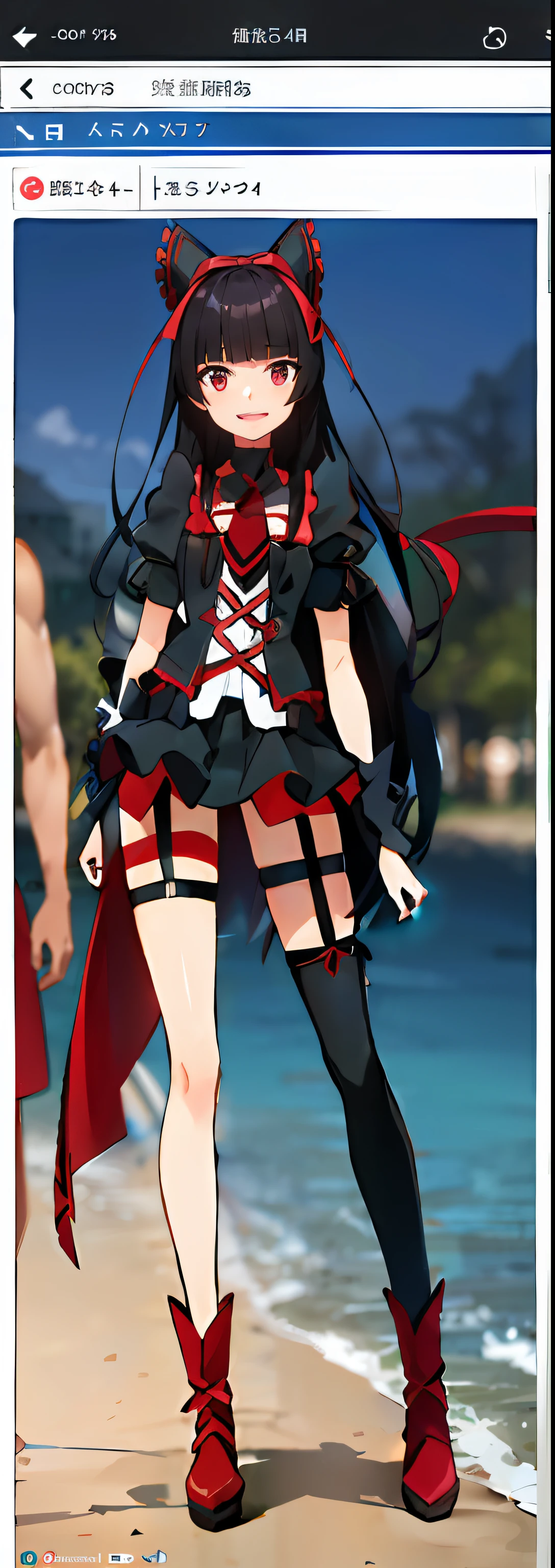 (A masterpie), (beste Quality), a highres, 超detailded, Professional lighting, Photo showing, mix4 adults, flawless skin,Models, 1girls, 独奏, Rory Mercury,red-eyed, black haired, long hairs, by gothic, ribbons, Hair Bow, Garter straps, thights, lipsticks, gauntlets, puffy sleeves ,sickle、standing a