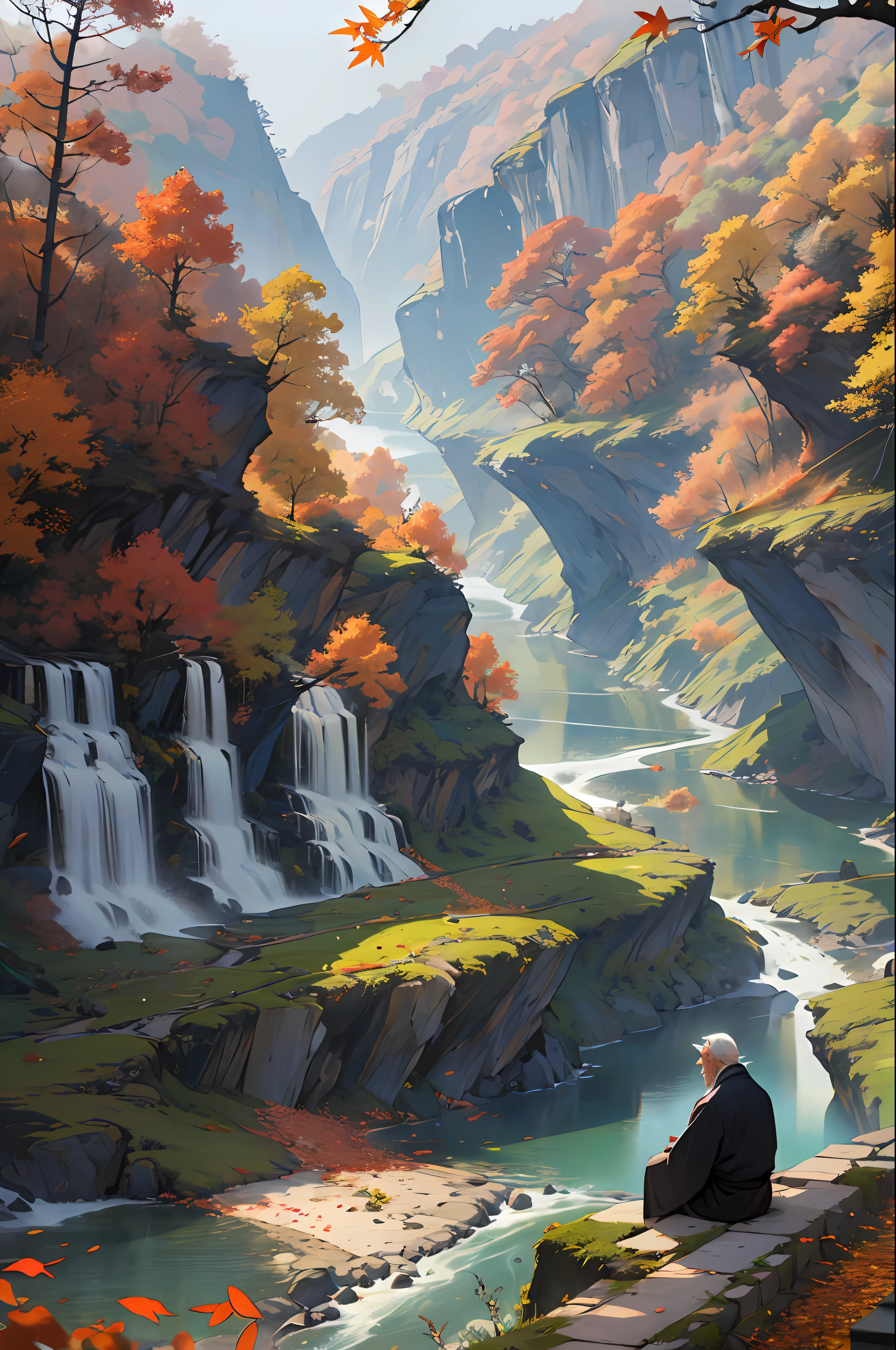 An old man,A touch of sadness,black long hair,Gray tattered Hanfu,cliff,Yangtze River, China,the falling leaves