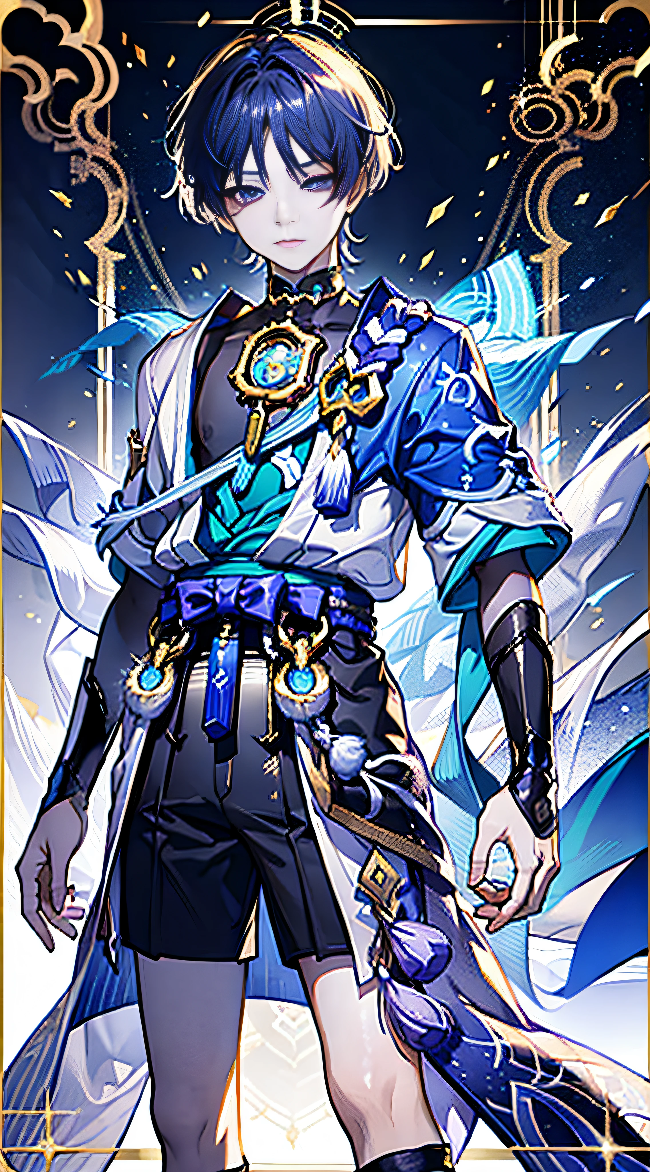 Wanderer , tarot card, Lightning background, arms crossed, standing up, Full-length, Genshin Impact, um homem, solo, blue hair, eyes closed, calm face, Good quality, Best Quality, gold background, purple background, character in the middle, legs standing together,, 1boy,
