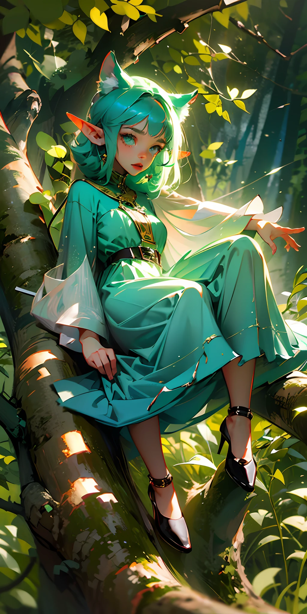 ((elf girl)), cute, best quality, detailed, 4k, hdr, sharp focus, bound in trees, cuffed hands, hang on tree brunch, damaged clothes,high resolution, ear-length hair, very short hair, messy (green) hair, dynamic posing, traveling in the woods, vibrant detailed background, 1girl, solo, full body:1.2, full_body:1.2, Animal ears --auto --s2