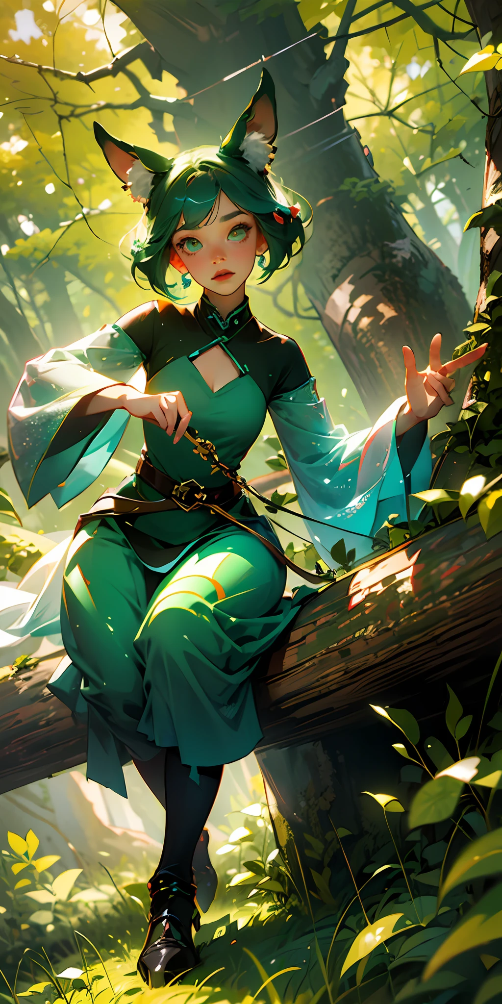 ((elf girl)), cute, best quality, detailed, 4k, hdr, sharp focus, bound in trees, cuffed hands, hang on tree brunch, damaged clothes,high resolution, ear-length hair, very short hair, messy (green) hair, dynamic posing, traveling in the woods, vibrant detailed background, 1girl, solo, full body:1.2, full_body:1.2,  Animal ears --auto --s2