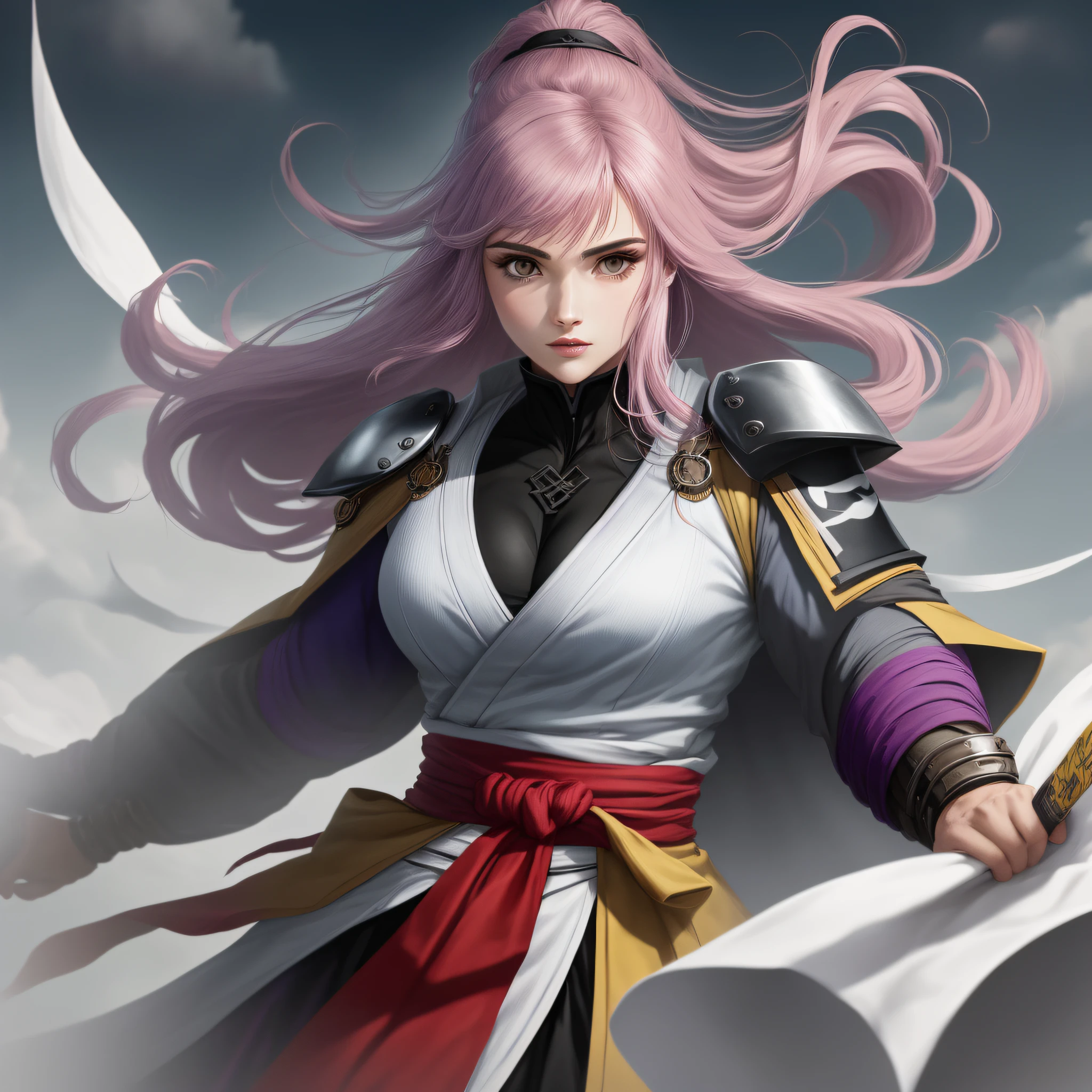 (obra-prima),(melhor qualidade:1.0),(ultra highres:1.0),(uma linda garota),(longos cabelos rosa solo),(roupas de shinobi em tom preto e roxo),(fundo branco),(anime naruto:0.5)