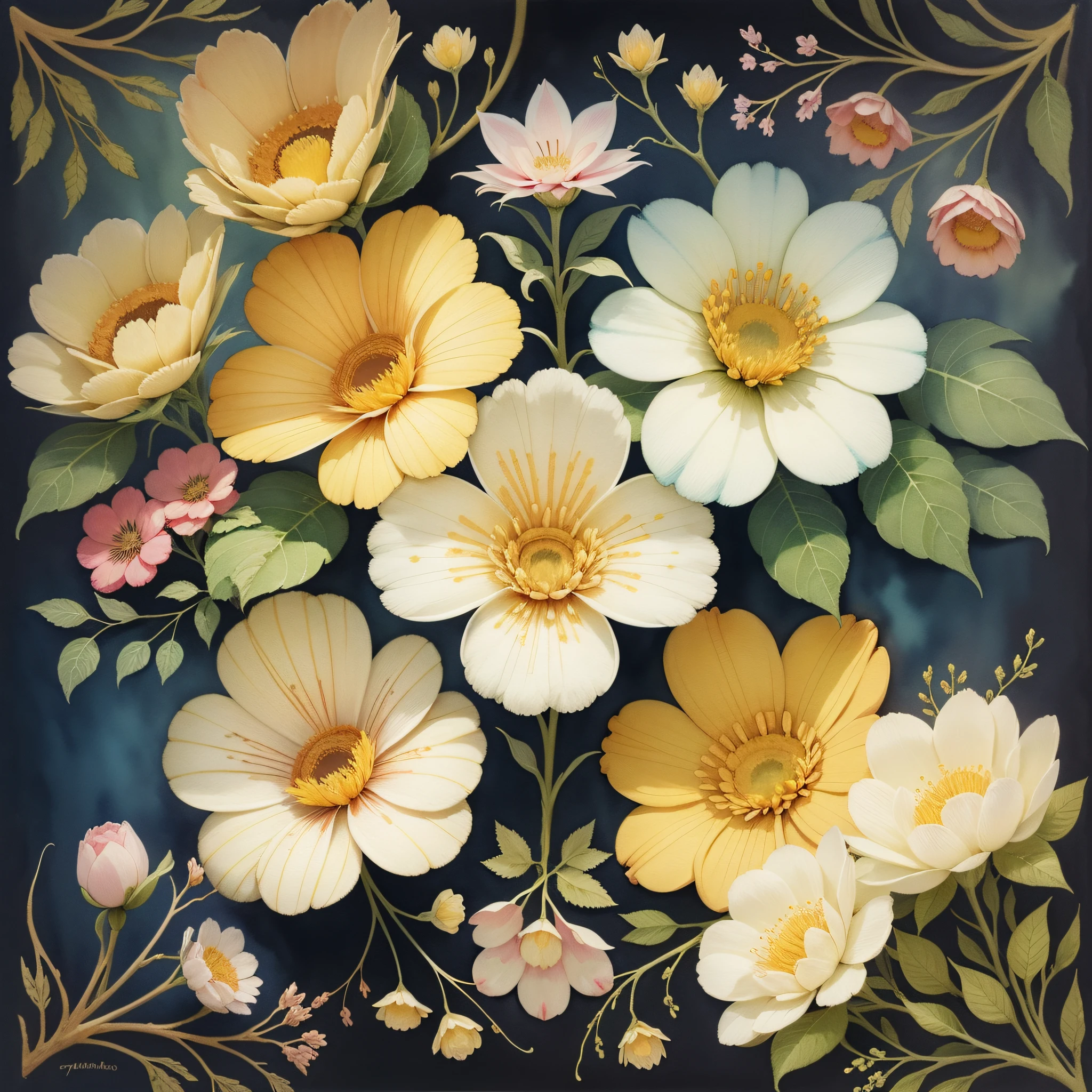 dreamy watercolor floral pattern, yellow dominant --tile