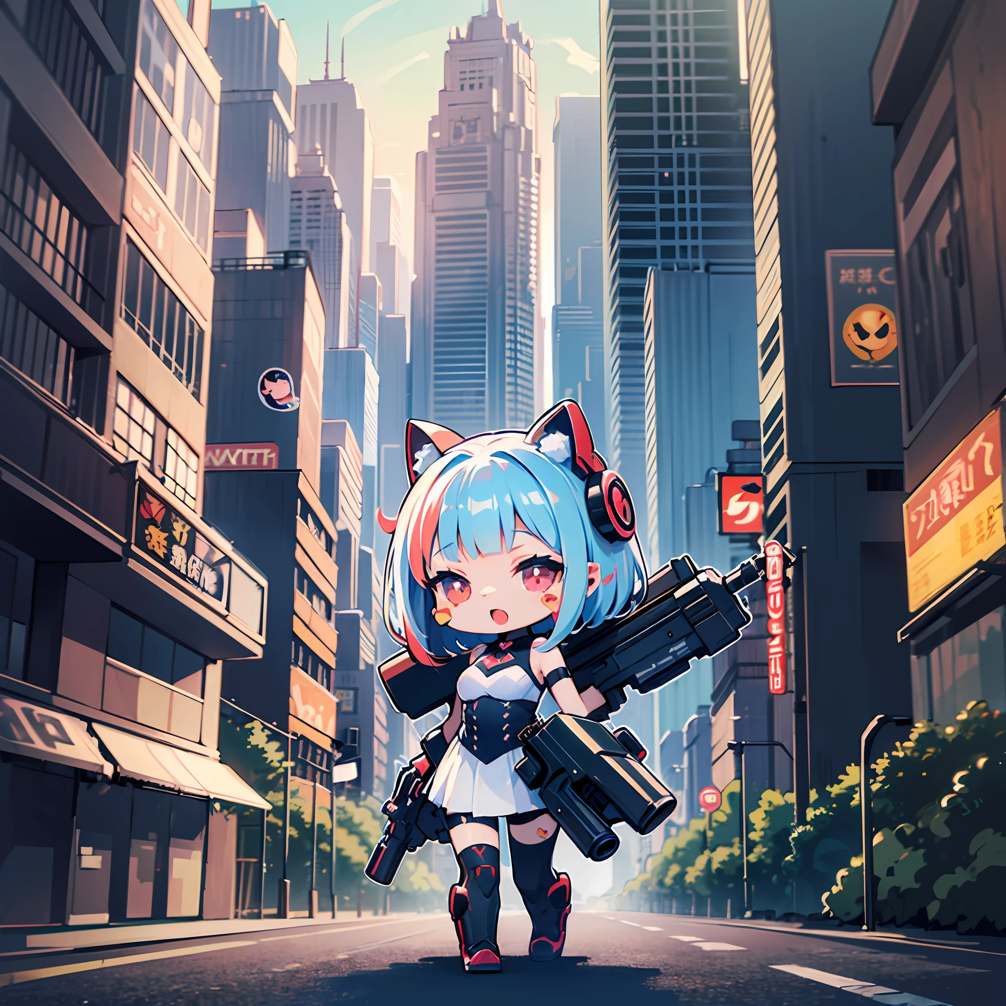 ((sticker:1.5)))、((Chibi Chara))、(((Super giant gun)))、Fluffy、1girls、cyber punk、Giant guns、Blow up the city、Strongest、Chibi Chara、ful body、pastel-colored hair、Fairy tale、Fantastical、Masterpiece、beste Quality、high picture quality