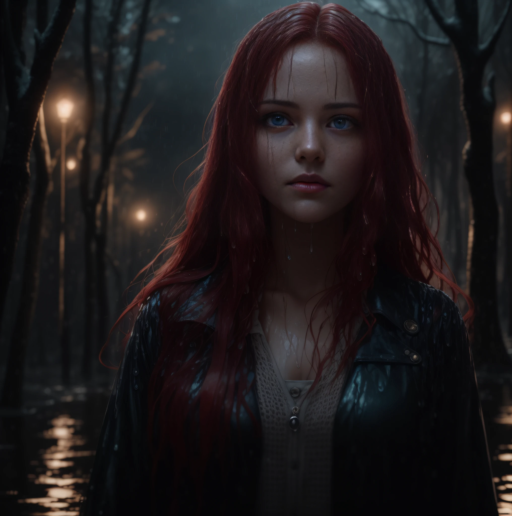 portrait photography, beautiful young woman long red hair with transparent medieval dress, soaked, visible through the hair, wet red inner hair, heavy rain, dead forest, proper eye position, ultra realistic blue eyes natural skin, backlight, cinematic light, bright light, soft light, global lighting hips, at night, city side background, detailed graduated color background,  intricate, highly detailed, octane render, HD, 8k,