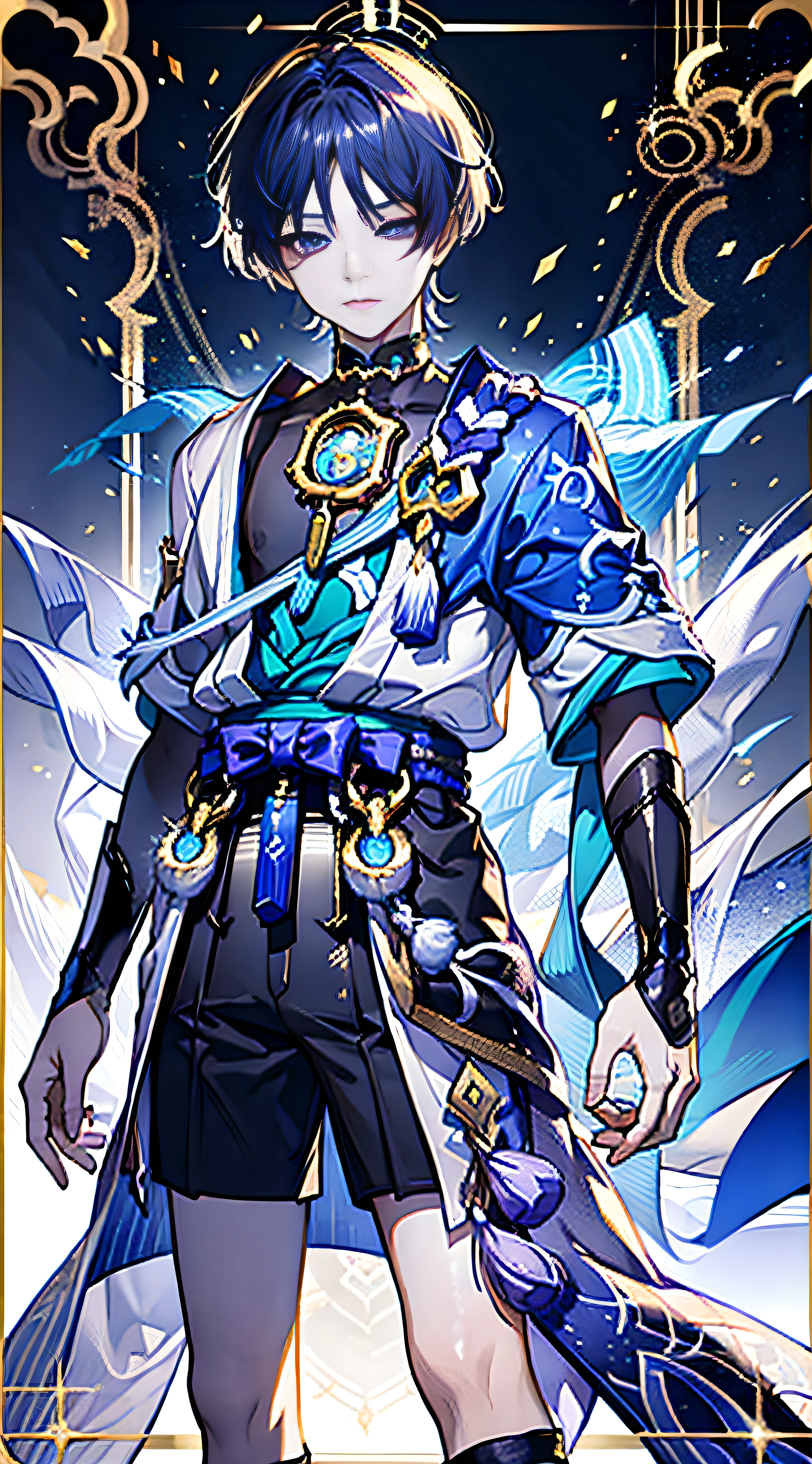 Wanderer , tarot card, Lightning background, arms crossed, standing up, Full-length, Genshin Impact, um homem, solo, blue hair, eyes closed, calm face, Good quality, Best Quality, gold background, purple background, character in the middle, legs standing together,, 1boy,