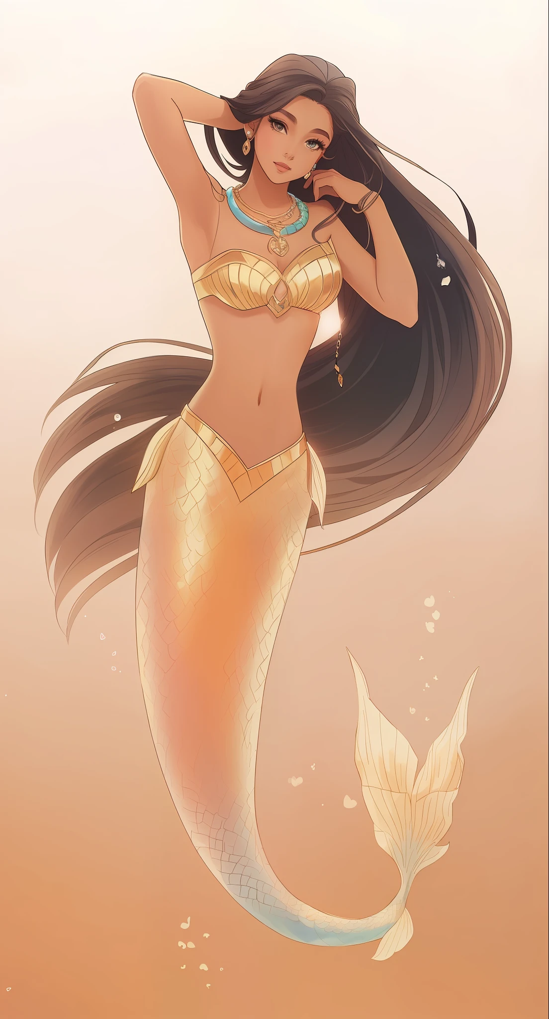 a cartoon mermaid with long hair and a necklace on her neck, sereia bonita, sereia, estilo de arte disney, ariana grande as a sereia, princesa anime, Directed by: Yan Hui, arte conceitual disney, arte disney, Princesa Jasmine, Directed by: Natasha Tan, princesa disney, Pequena Sereia, corpo da sereia, Arte no estilo da Disney