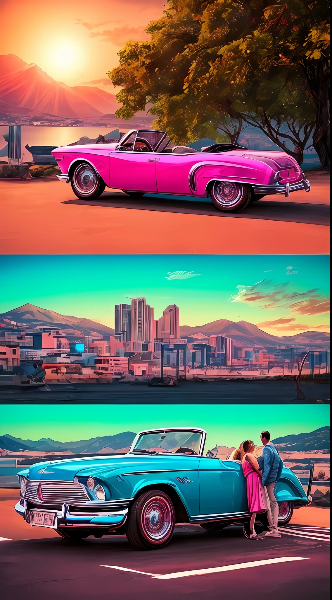 "A couple in love enjoying a summer evening in a vintage convertible car, com o horizonte da cidade retratado em cores vibrantes do Synthwave." Use neon and saturated tones to highlight the characteristic colors of Synthwave, como rosa, azul e roxo.