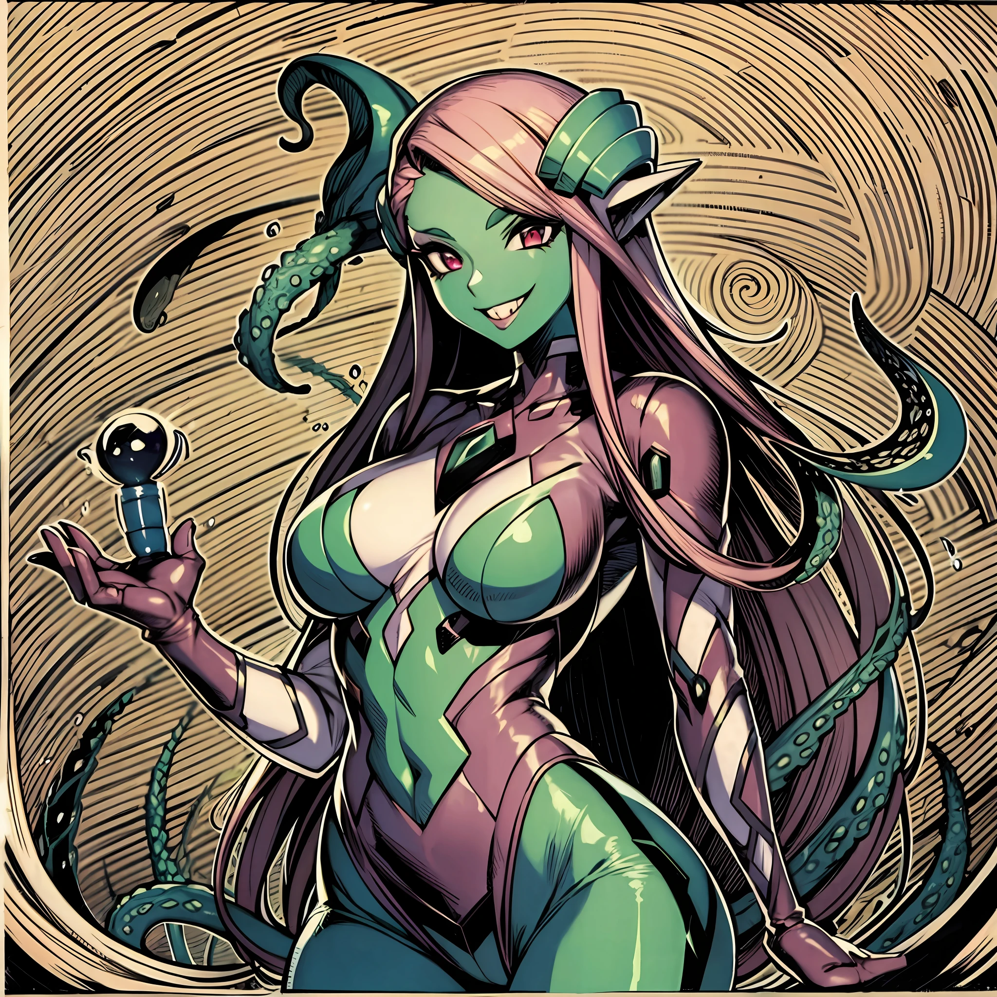 Woman wearing hot water dripping tentacles、Guyver Style、wicked smile、Tentacles、Scarabeleploid、Cel Shade Adult Animation、Metroid Suit、long hair