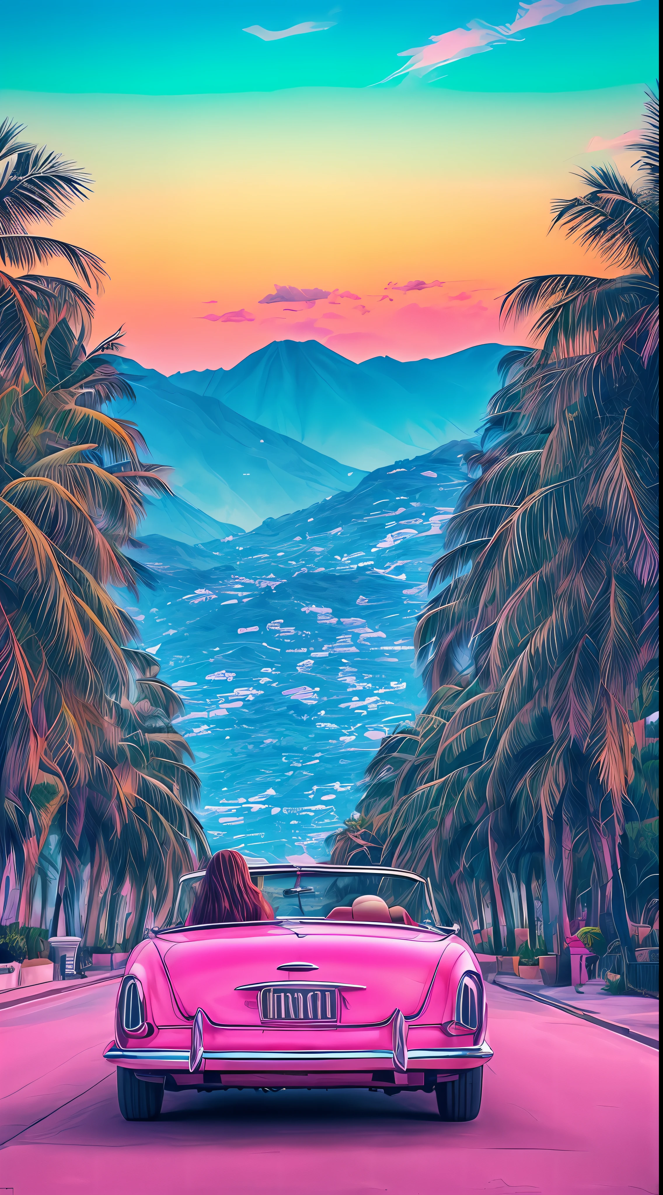 "A couple in love enjoying a summer evening in a vintage convertible car, com o horizonte da cidade retratado em cores vibrantes do Synthwave." Use neon and saturated tones to highlight the characteristic colors of Synthwave, como rosa, azul e roxo.