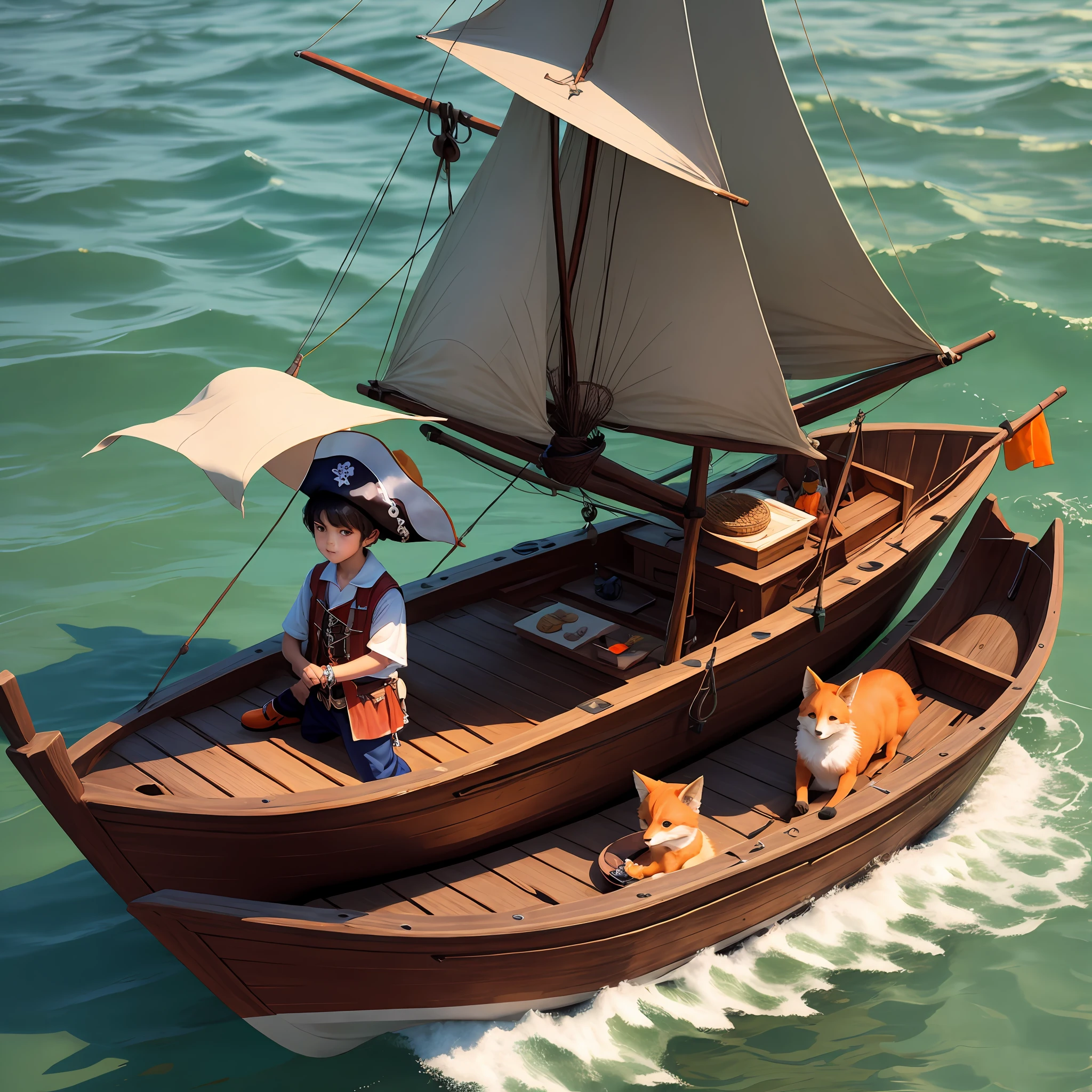 1 boy in pirate outfit with a small orange fox next to him with a wooden boat behind