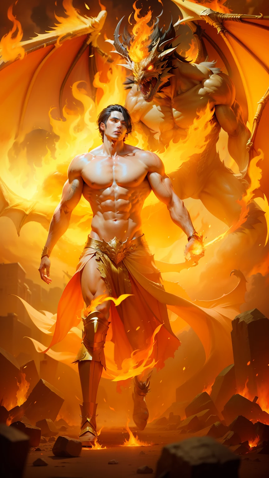 man, fallen angel, on fire, a dragon behind him, hands with claws, black hair, big and straight, strong body, blue eyes. senario , on fire , flames and flames .--ar16:9 --auto