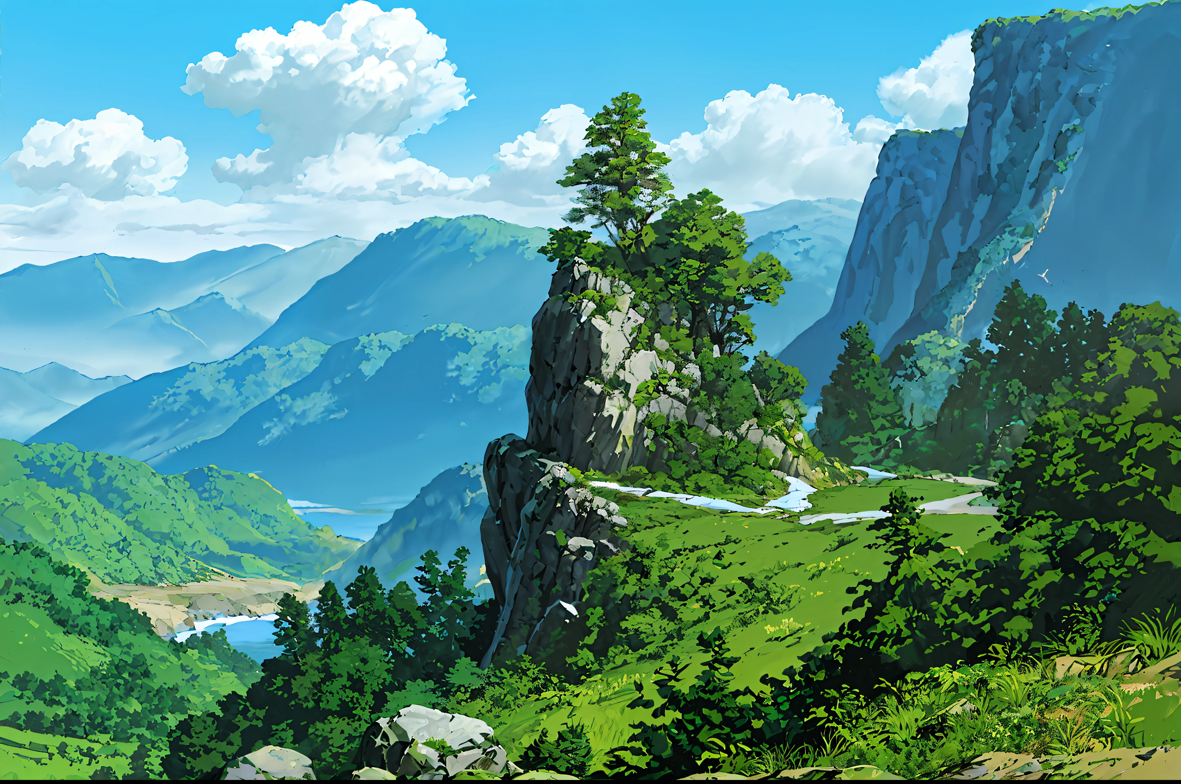 (((highquality))),highly_detailed,extremely_detailed_CG_unity_8k_wallpaper,illustration,highres,absurdres,beautiful_detailed_build,finely_detailed_architecture,highly_detail_house_,backpack, bird, blue_sky, building, castle, city, cliff, cloud, cloudy_sky, day, facing_away, grass, horizon, landscape, long_hair, mountain, nature, outdoors, overgrown, river, rock, ruins, scenery, sky, solo, standing, tree, water, waterfall