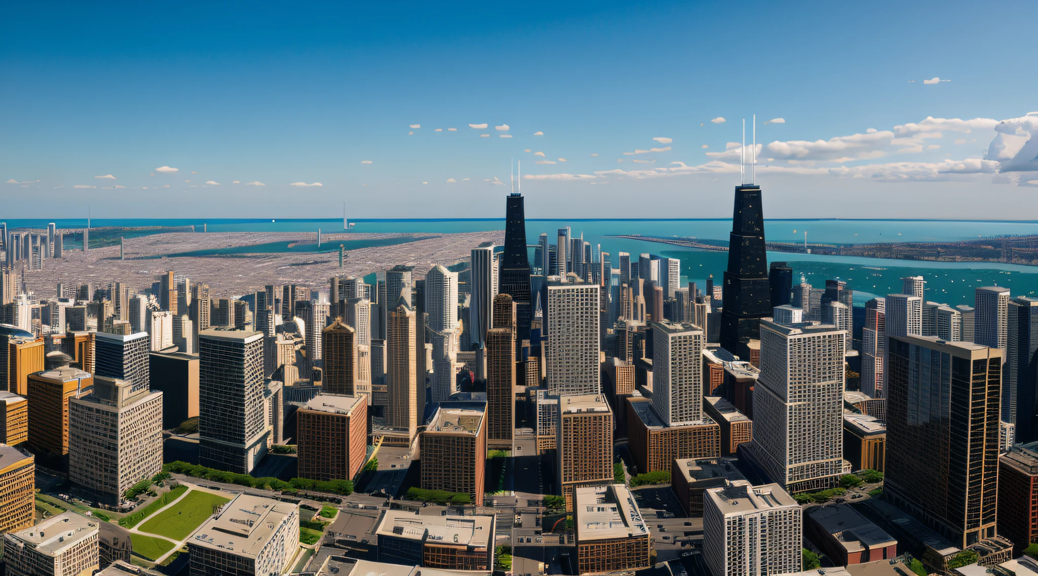 araffature view of a city with a lot of tall buildings, super wide view of a cityscape, ultra wide-shot, ultra wide-shot, ultra wide-shot, Ultra Wide Shot, Chicago, Wide and open city", superwide shot, panoramic, detailed wide shot, postprocessed, chicago skyline, panoramic, city panorama, low ultrawide shot, high detailed photo、Structurally correct building、A building with a beautiful straight line
