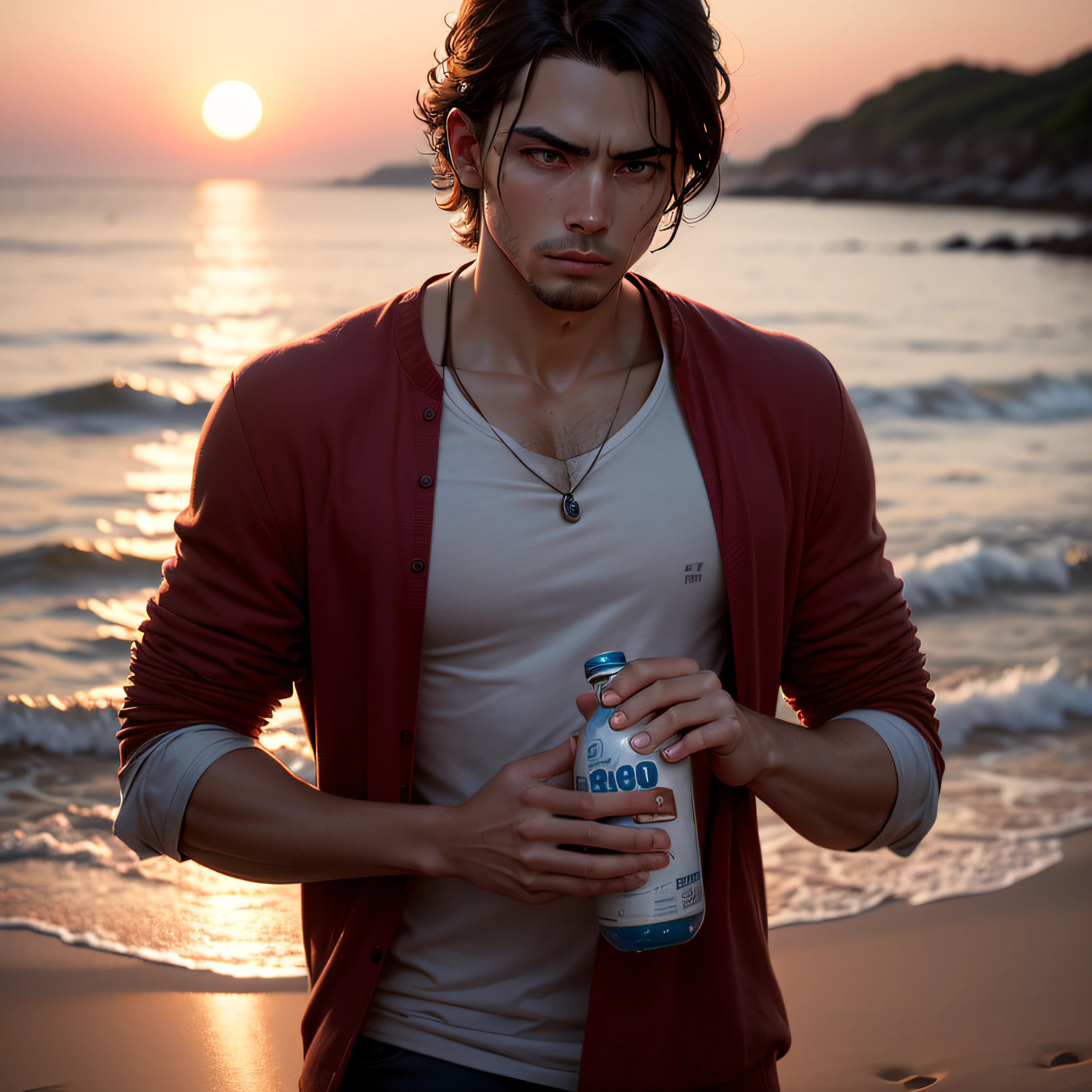 /imagine prompt: Uma fotografia realista de um homem magro bem vestido na praia, in the sunset, holding a bottle of water. Artistic Inspiration: Fotografia com lente 50mm. The scene depicts the man in a moment of serenity and care for his health. The intense red color of the sunset creates a striking and enveloping atmosphere. Calm and determined facial expression. Soft lighting that highlights the details of the scene. --v 5 --stylize 1000 --auto