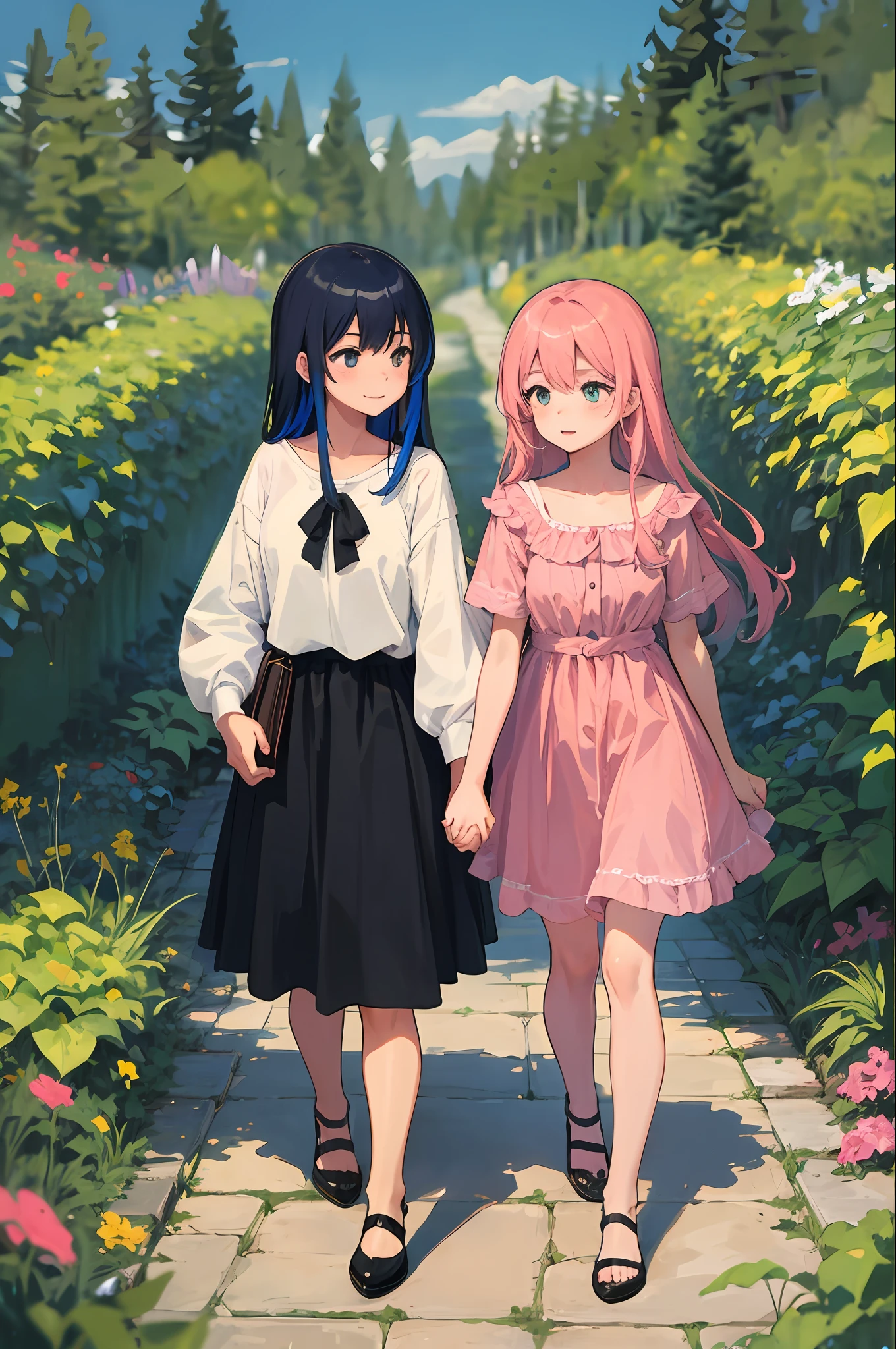 Two girls with vibrant hair holding hands in a garden