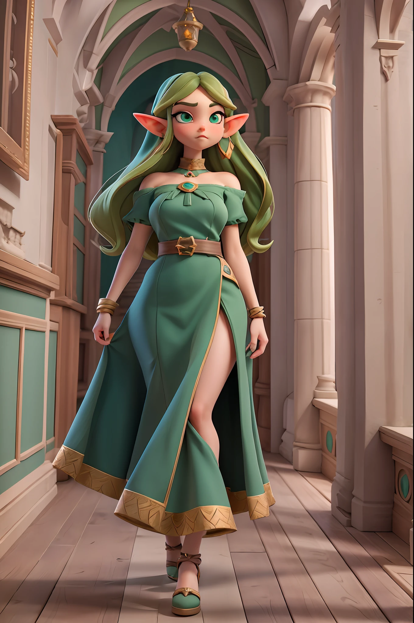 Gorgeous elf woman, long dark green dress, slender tall bodys:1.5, harp focus, 8k, highres, high quality, high details, anatomically correct, masterpiece, ccurate, Delicate delicate girl [Kiernan Shipka], 21 years old, cheerful eyes, thick eyebrows, flushed cheeks, (small tits), (wide hips), (perfect big ass), full body, wearing a long dark green simple dress, hyper detailed textures, (perfect hands), looking at the camera, walking in a castle Hall, happy, misterious ambience