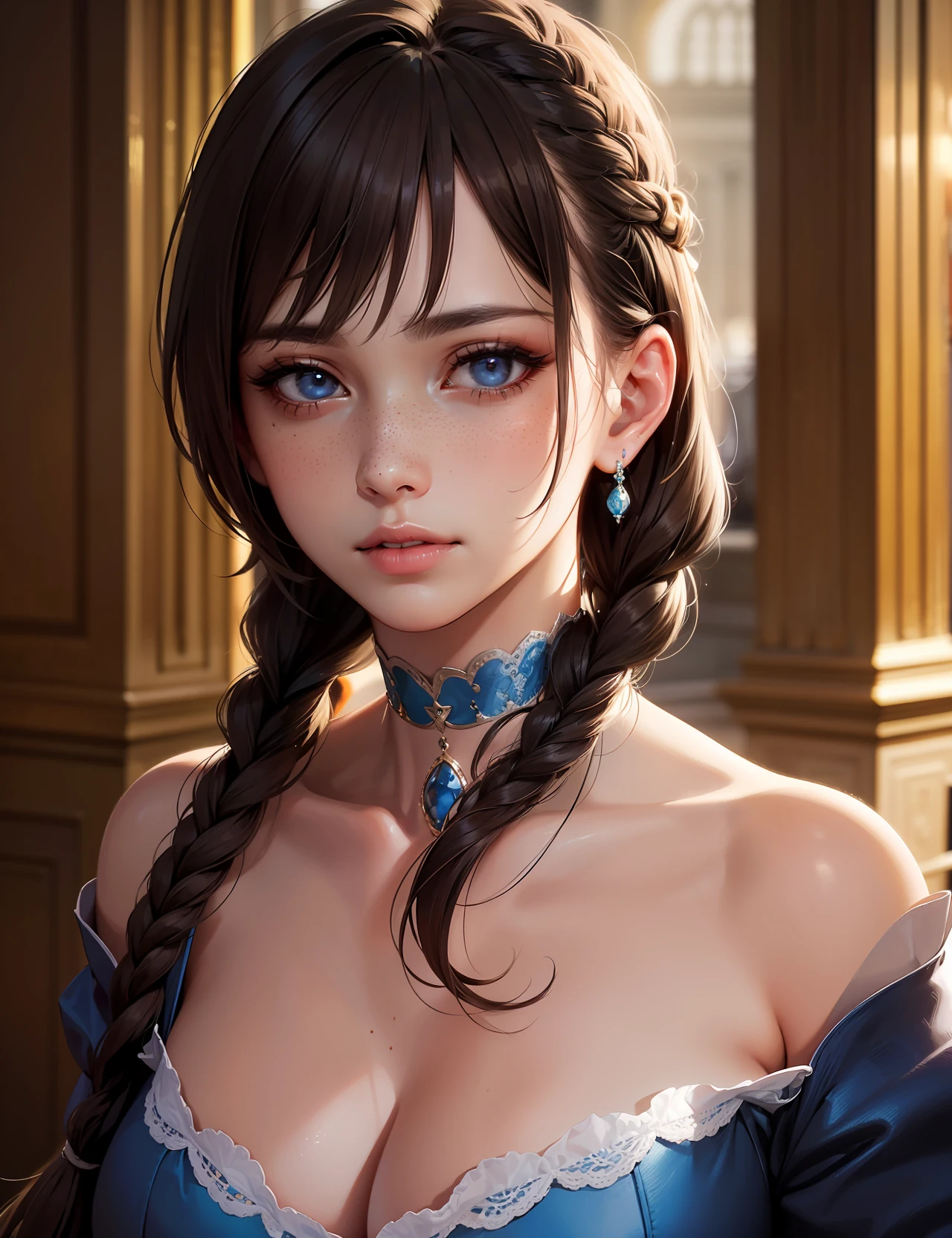 masterpiece, solo, highly detailed, ultra-detailed, ultra high res, (photorealistic:1.333), (best quality), (best shadow),detailed, perfect lighting, dark brown hair, very long hair, braids, [face freckles], (blue eyes), choker, smokey make up,  close up, portrait, in a royal palace bath hall,