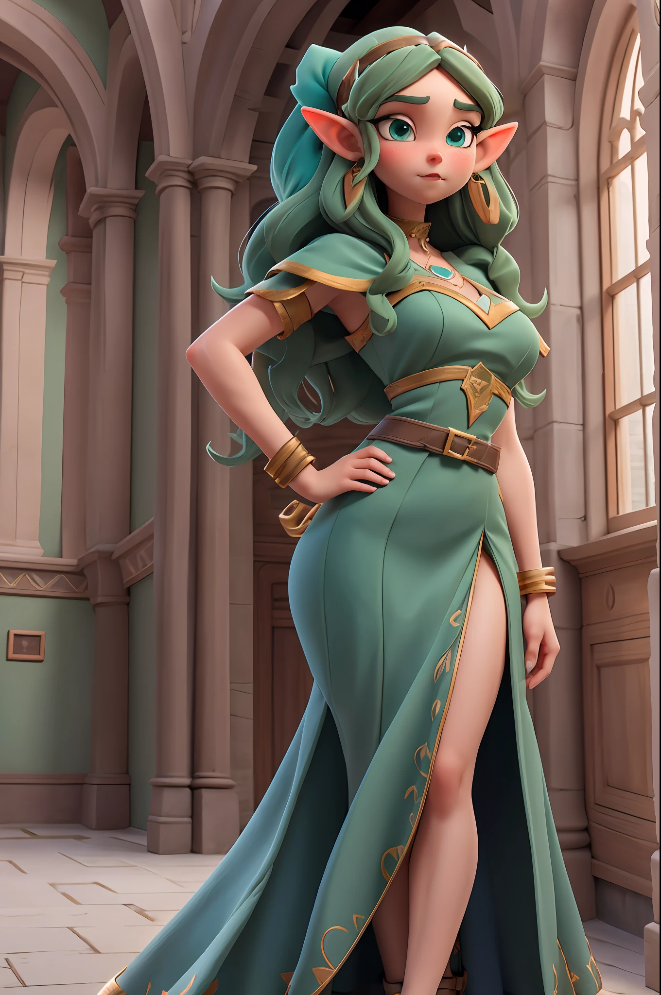 Gorgeous elf woman, long dark green dress, slender tall bodys:1.5, harp focus, 8k, highres, high quality, high details, anatomically correct, masterpiece, ccurate, Delicate delicate girl [Kiernan Shipka], 21 years old, cheerful eyes, thick eyebrows, flushed cheeks, (small tits), (wide hips), (perfect big ass), full body, wearing a long dark green simple dress, hyper detailed textures, (perfect hands), looking at the camera, walking in a castle Hall, happy, misterious ambience