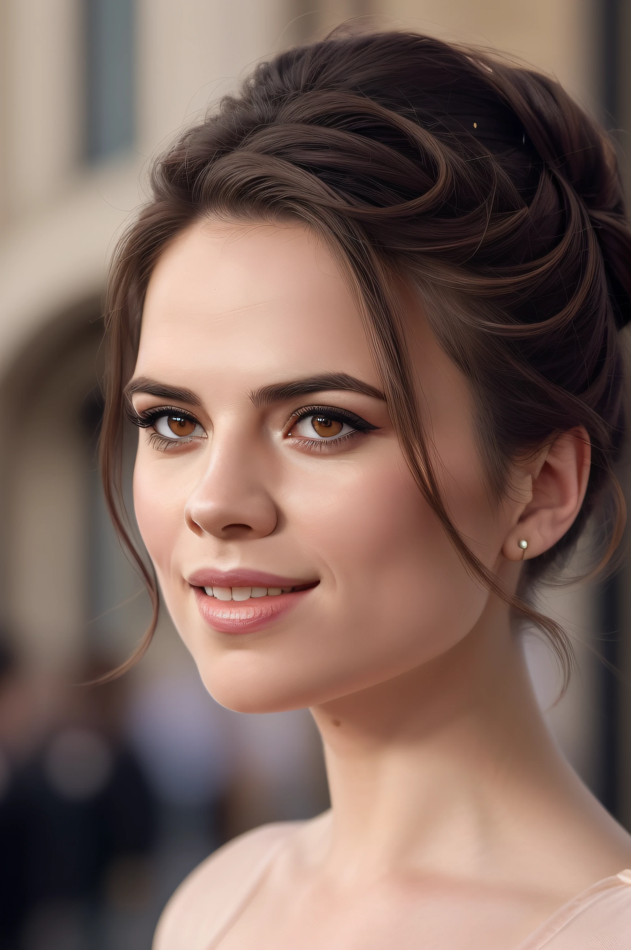 Beautiful woman, Hayley Atwell, dressed as a ballet dancer, beautiful legs, (hair in top bun), detailed eyes, (detailed realistic face), blush, confident smile, highly detailed, modelshoot style, (extremely detailed CG unity 8k wallpaper), (camera far away), photo of the most beautiful artwork in the world, fashion top model, trending on ArtStation, trending on CGSociety, Intricate, High Detail, Sharp focus, dramatic, photorealistic painting art by midjourney